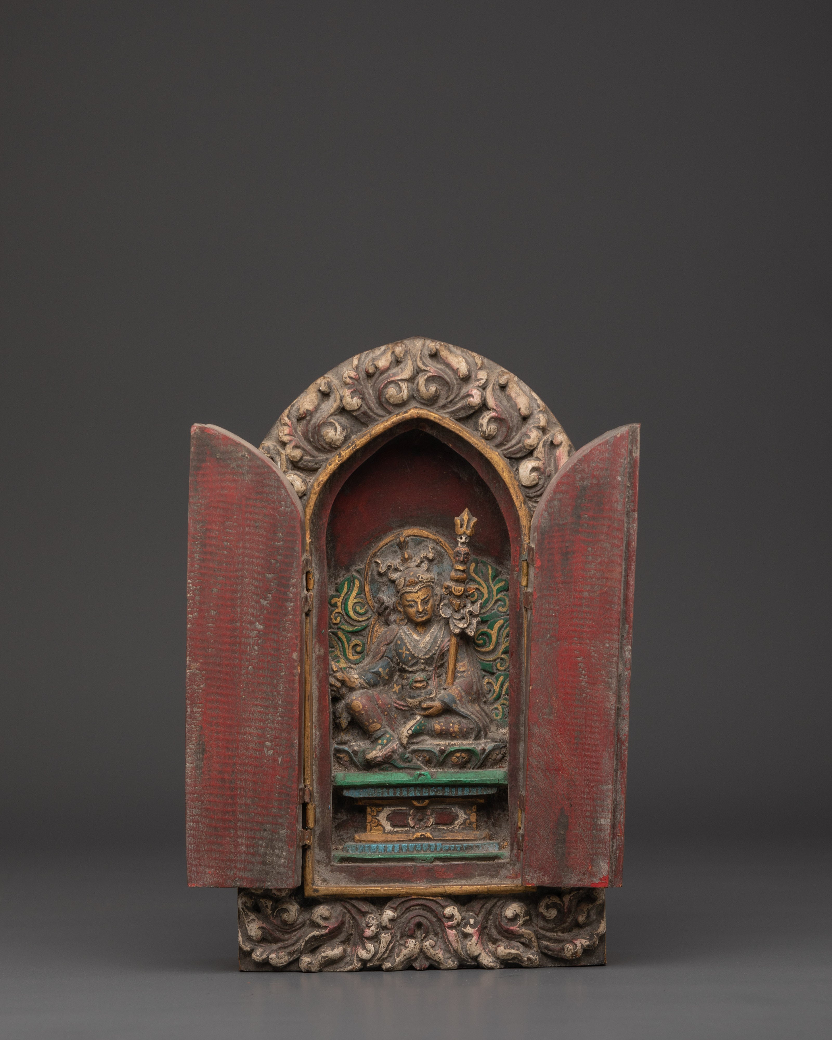 Tibetan Guru Rinpoche Shrine Box | Handcarved Wooden Altar Cabinet