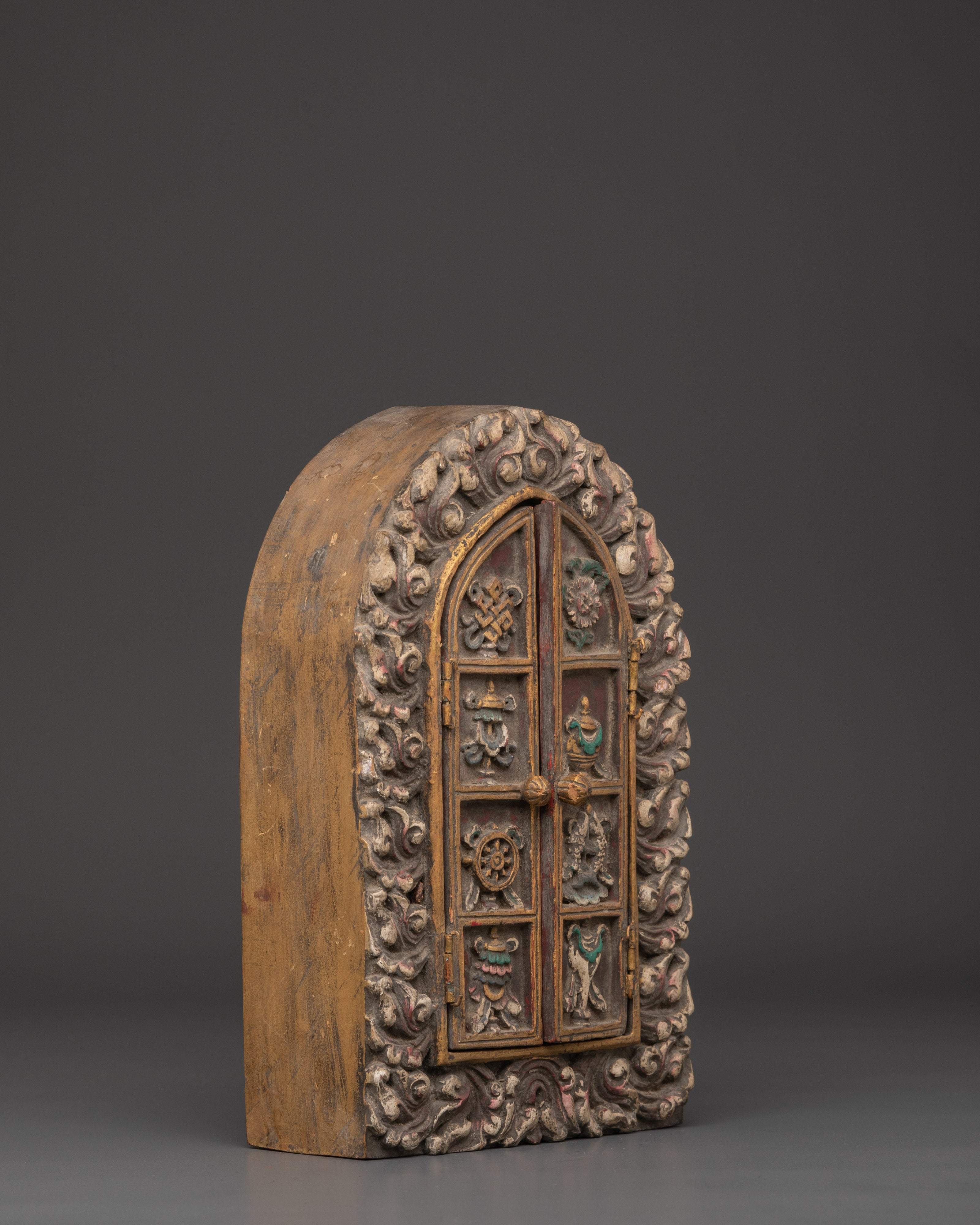 Tibetan Guru Rinpoche Shrine Box | Handcarved Wooden Altar Cabinet