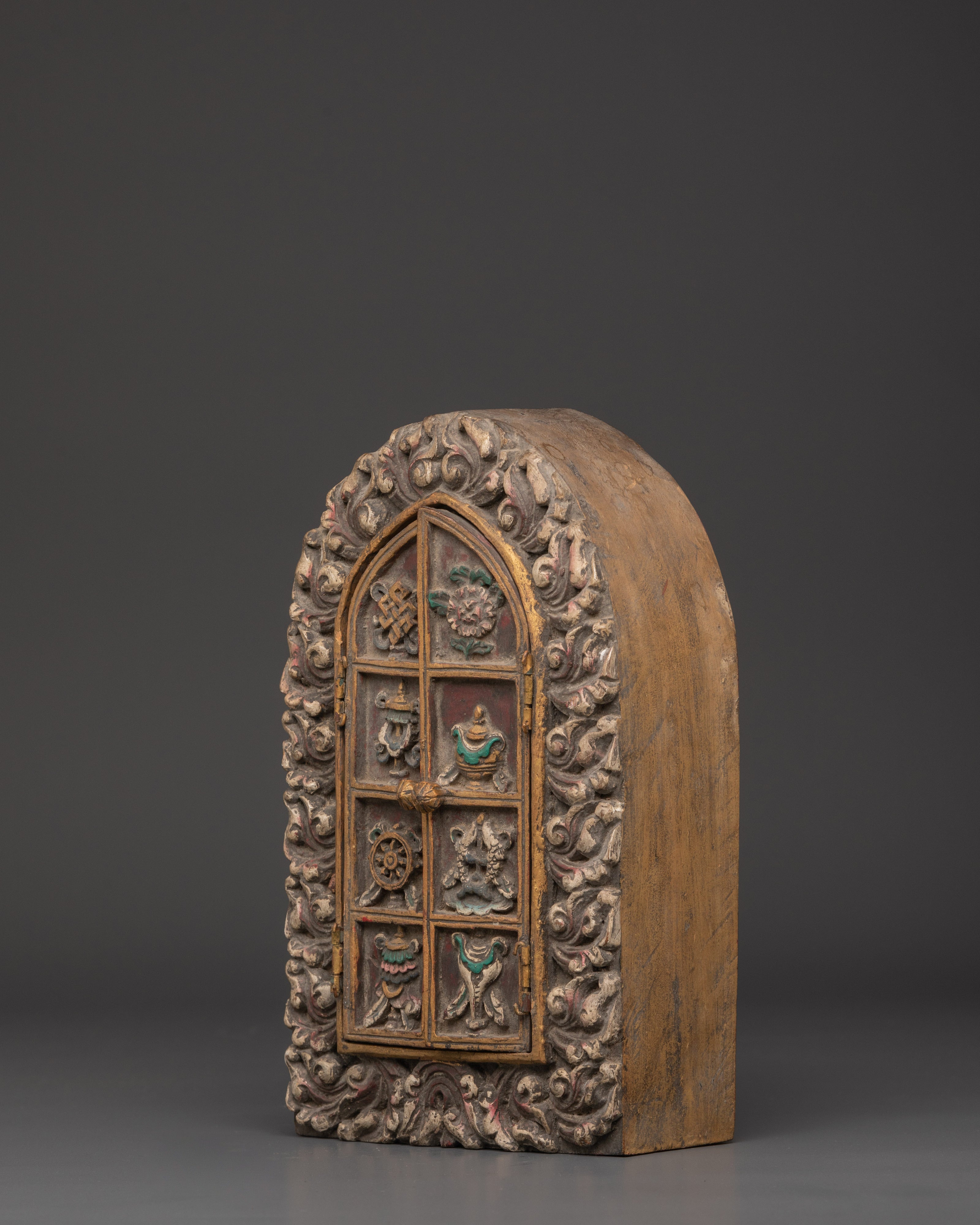 Tibetan Guru Rinpoche Shrine Box | Handcarved Wooden Altar Cabinet