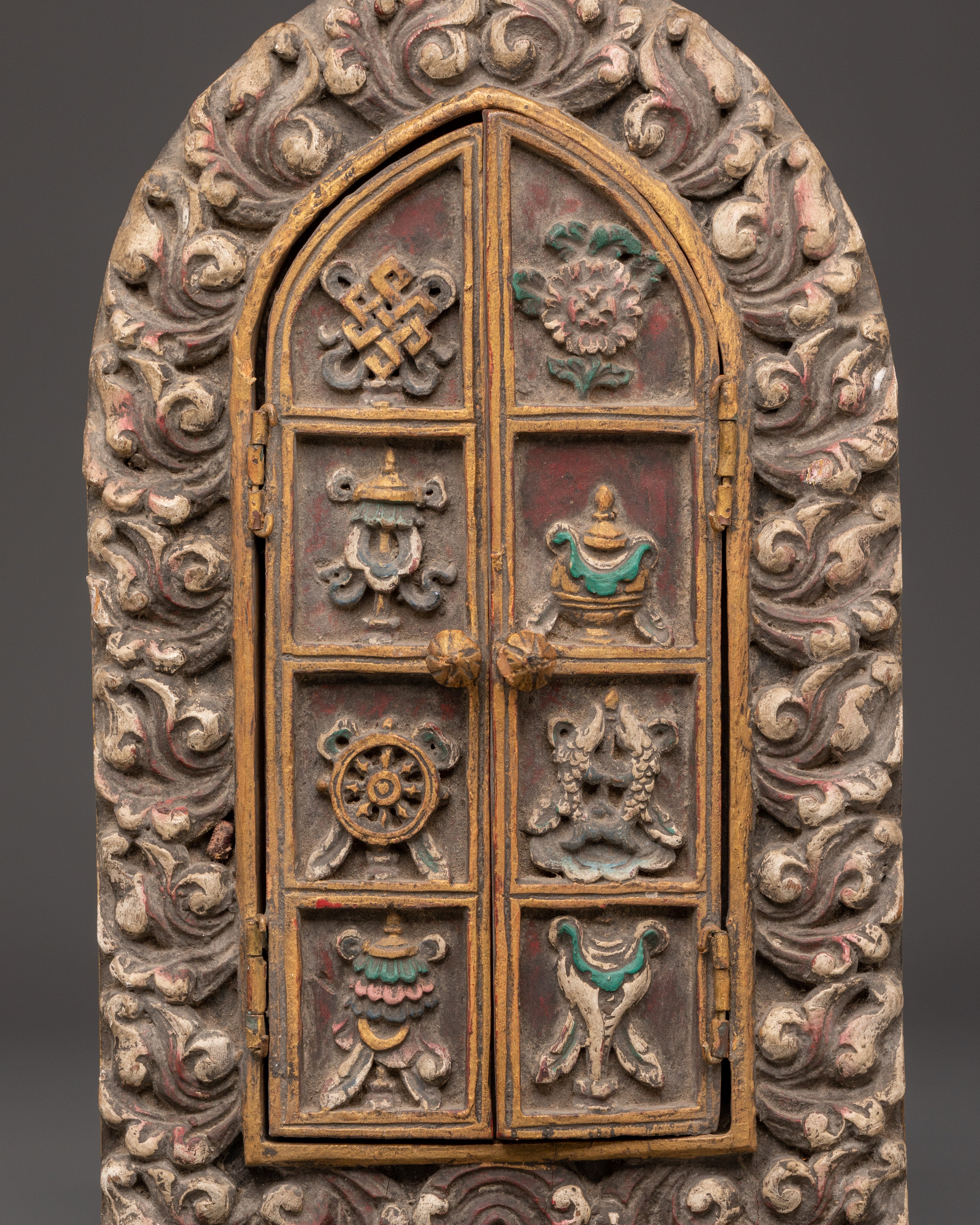 Tibetan Guru Rinpoche Shrine Box | Handcarved Wooden Altar Cabinet