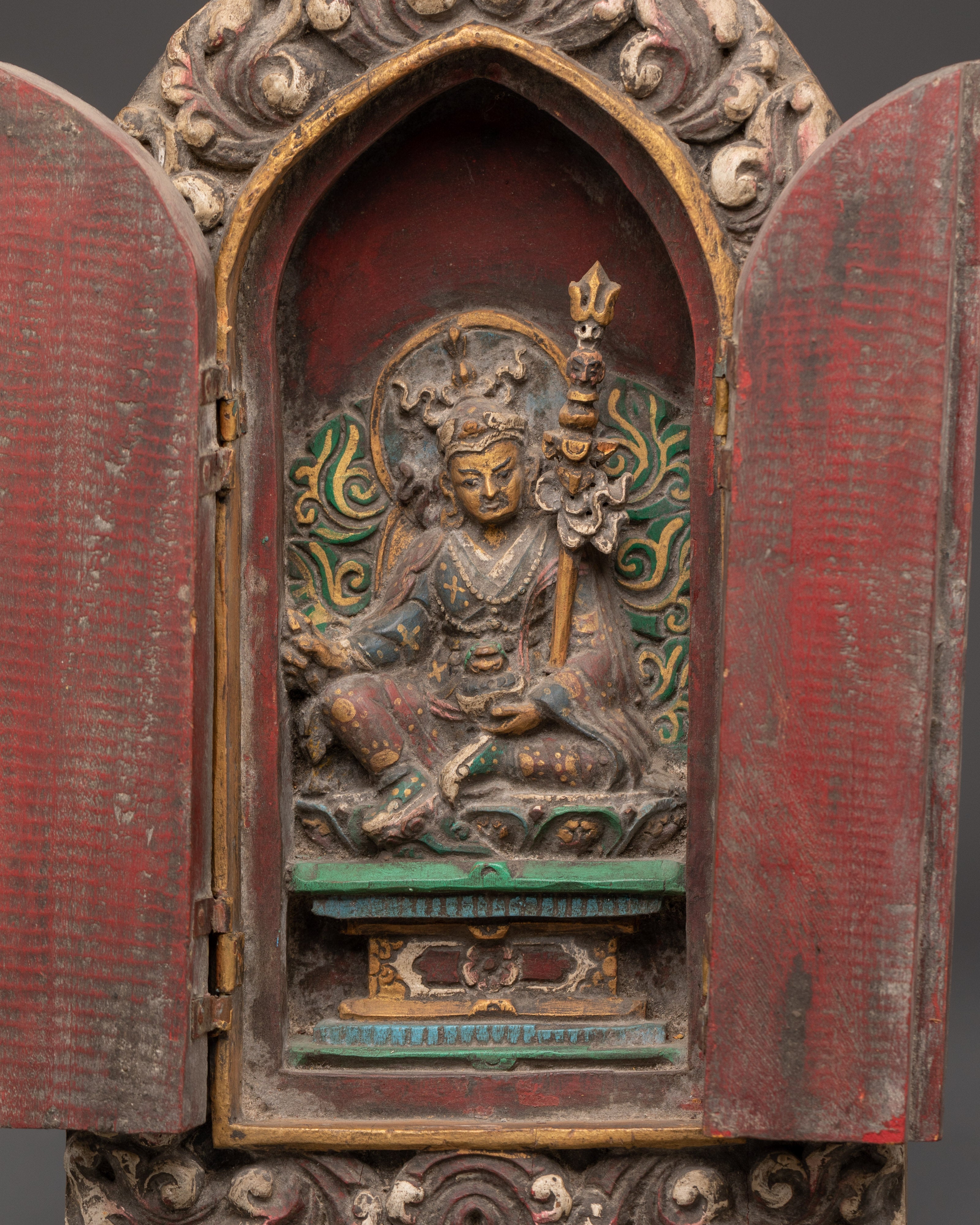 Tibetan Guru Rinpoche Shrine Box | Handcarved Wooden Altar Cabinet