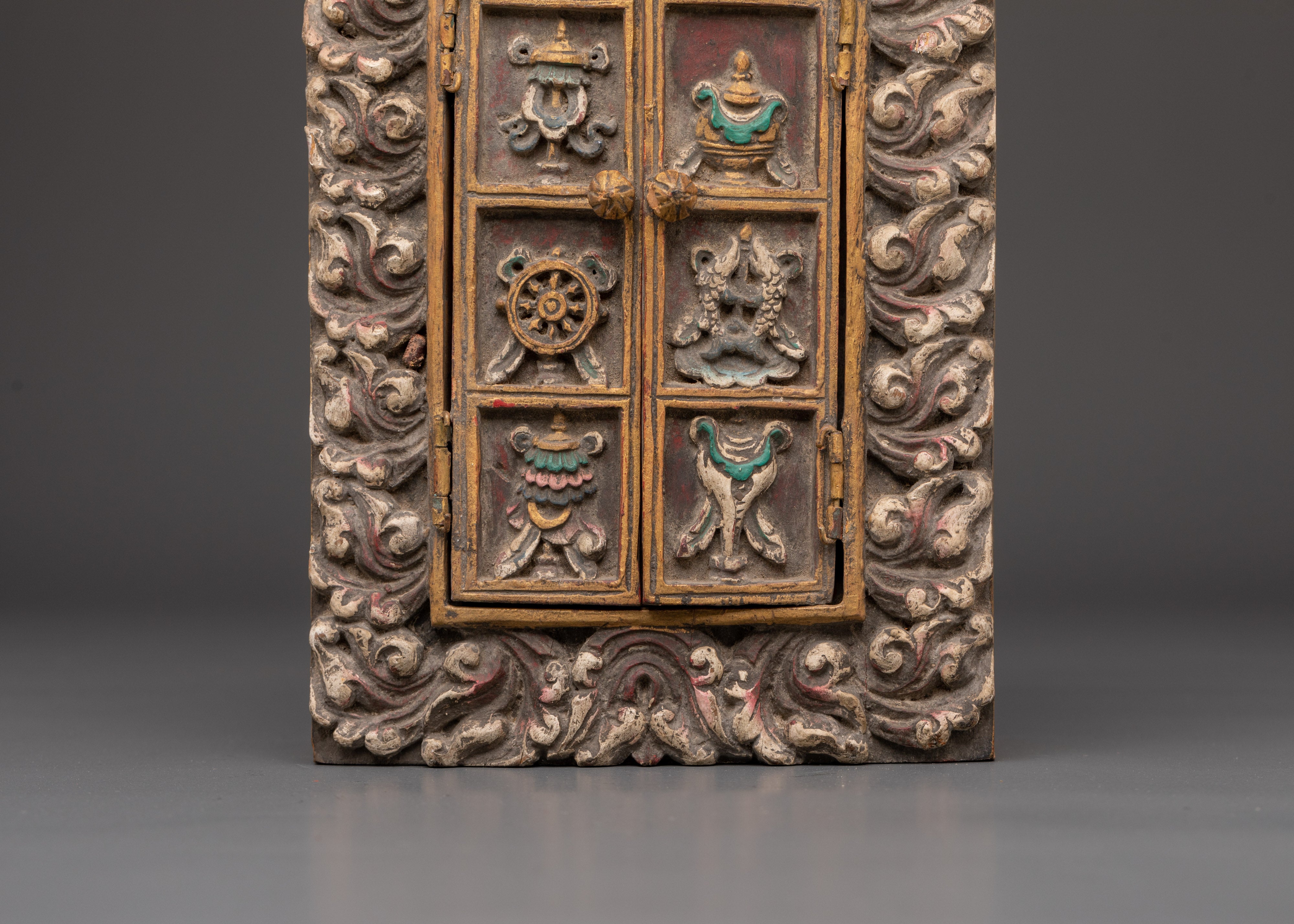 Tibetan Guru Rinpoche Shrine Box | Handcarved Wooden Altar Cabinet