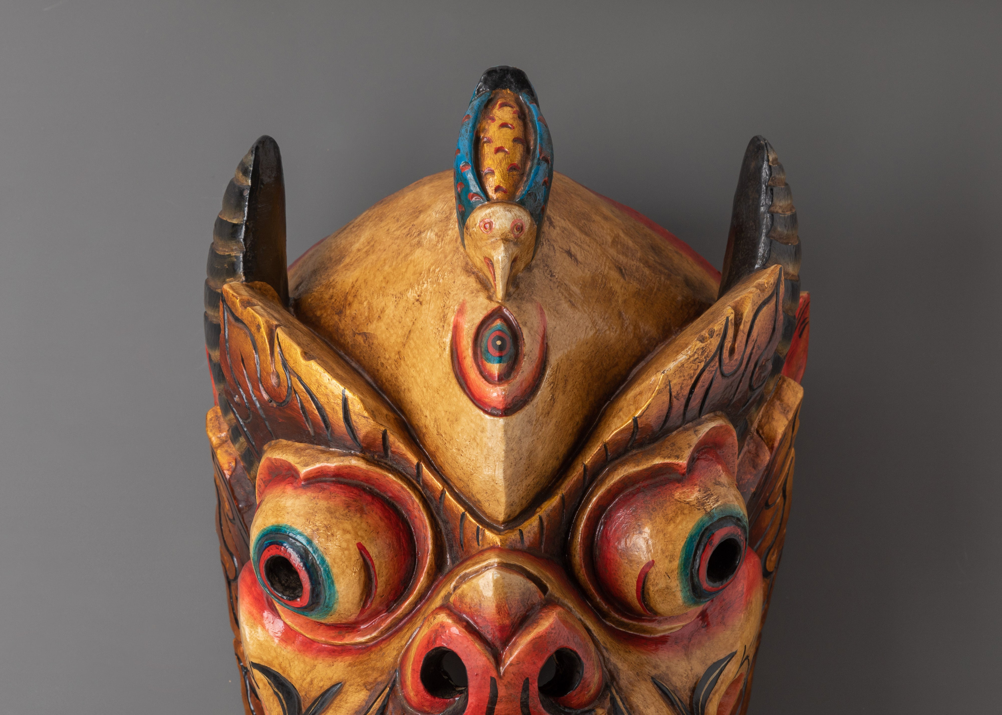 Handmade Tibetan Wall Mask with Snake Crown | Wrathful Deity Face for Altar