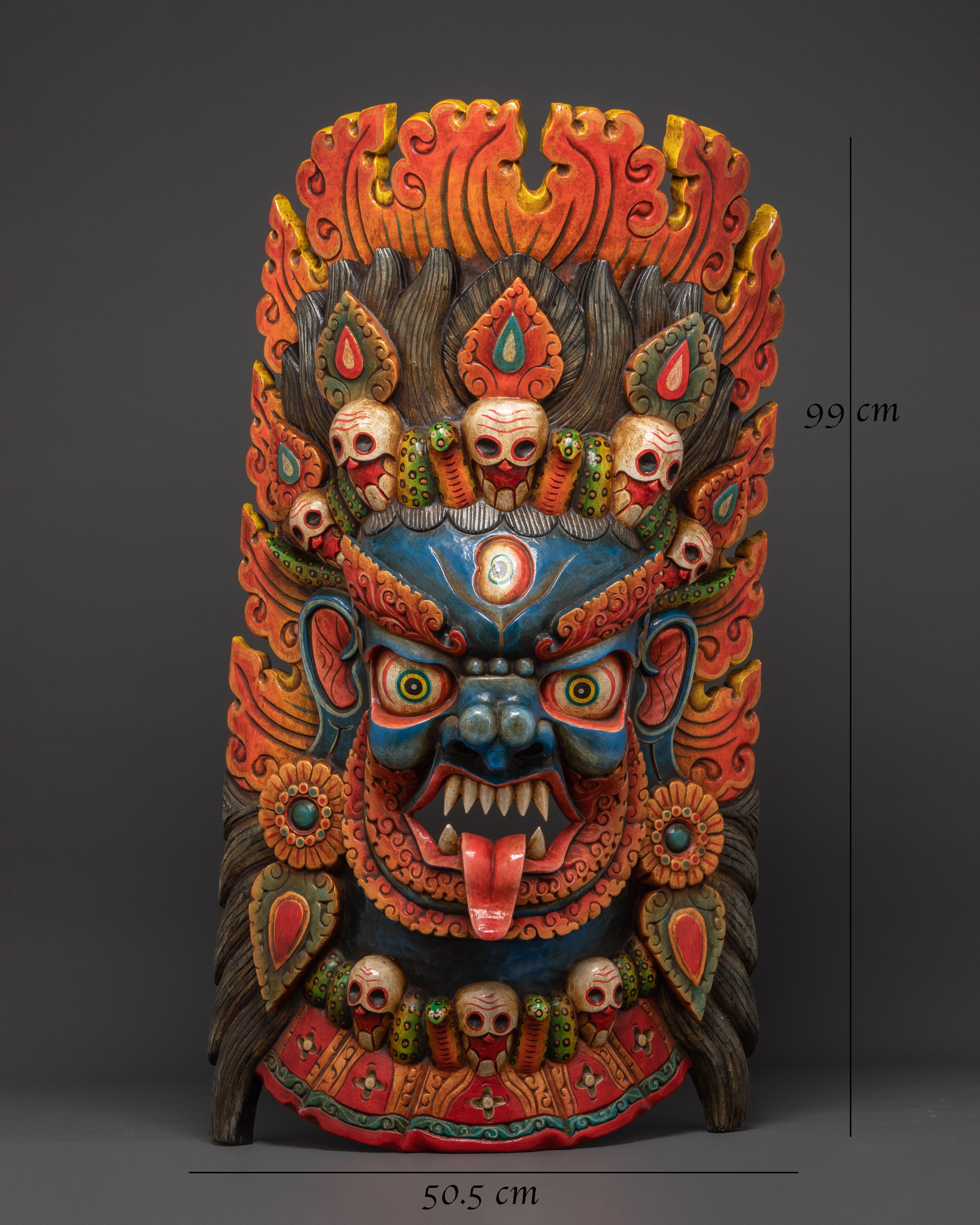 Hand-Carved Tibetan Mahakala Mask Wall Art | Fierce Guardian Deity Mask