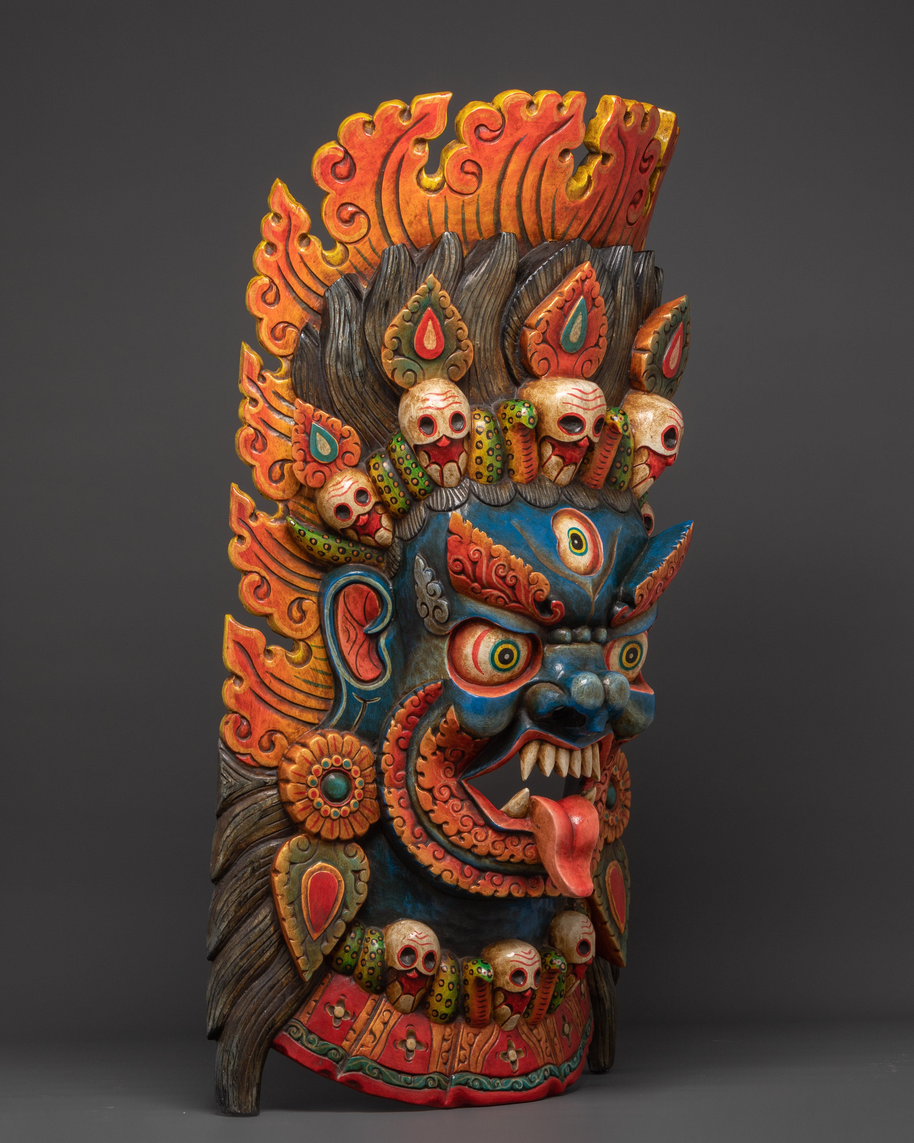 Hand-Carved Tibetan Mahakala Mask Wall Art | Fierce Guardian Deity Mask