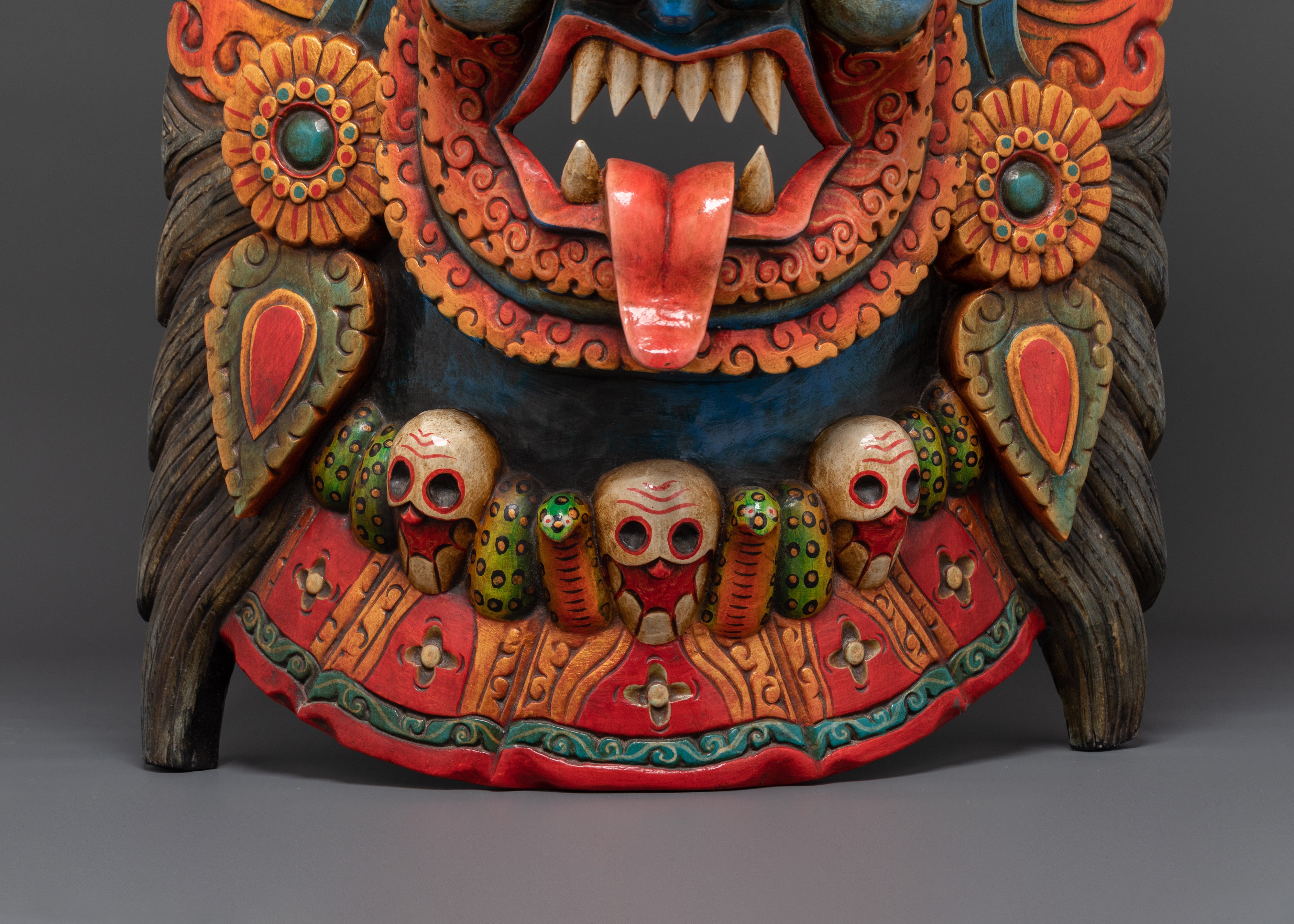 Hand-Carved Tibetan Mahakala Mask Wall Art | Fierce Guardian Deity Mask