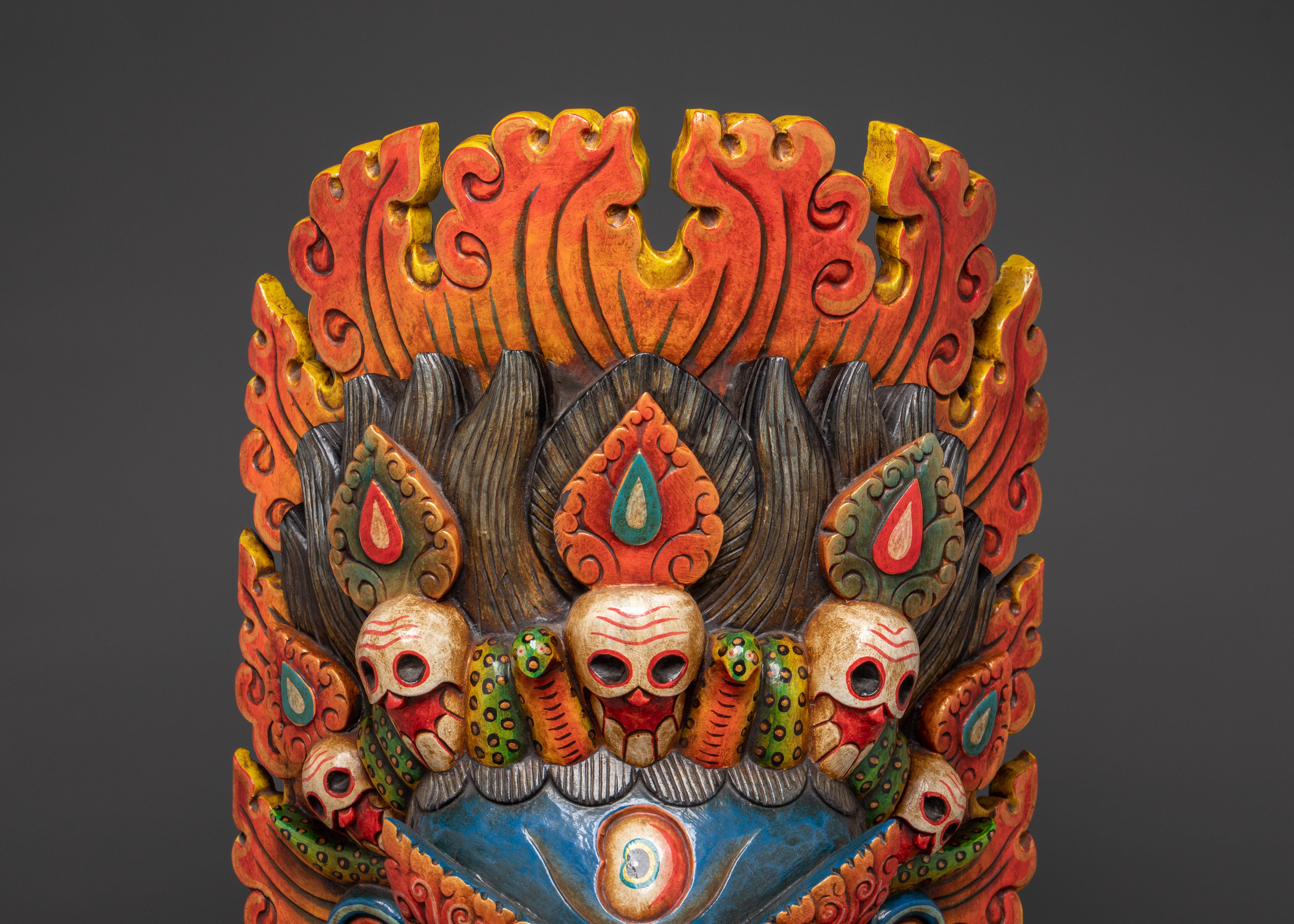 Hand-Carved Tibetan Mahakala Mask Wall Art | Fierce Guardian Deity Mask