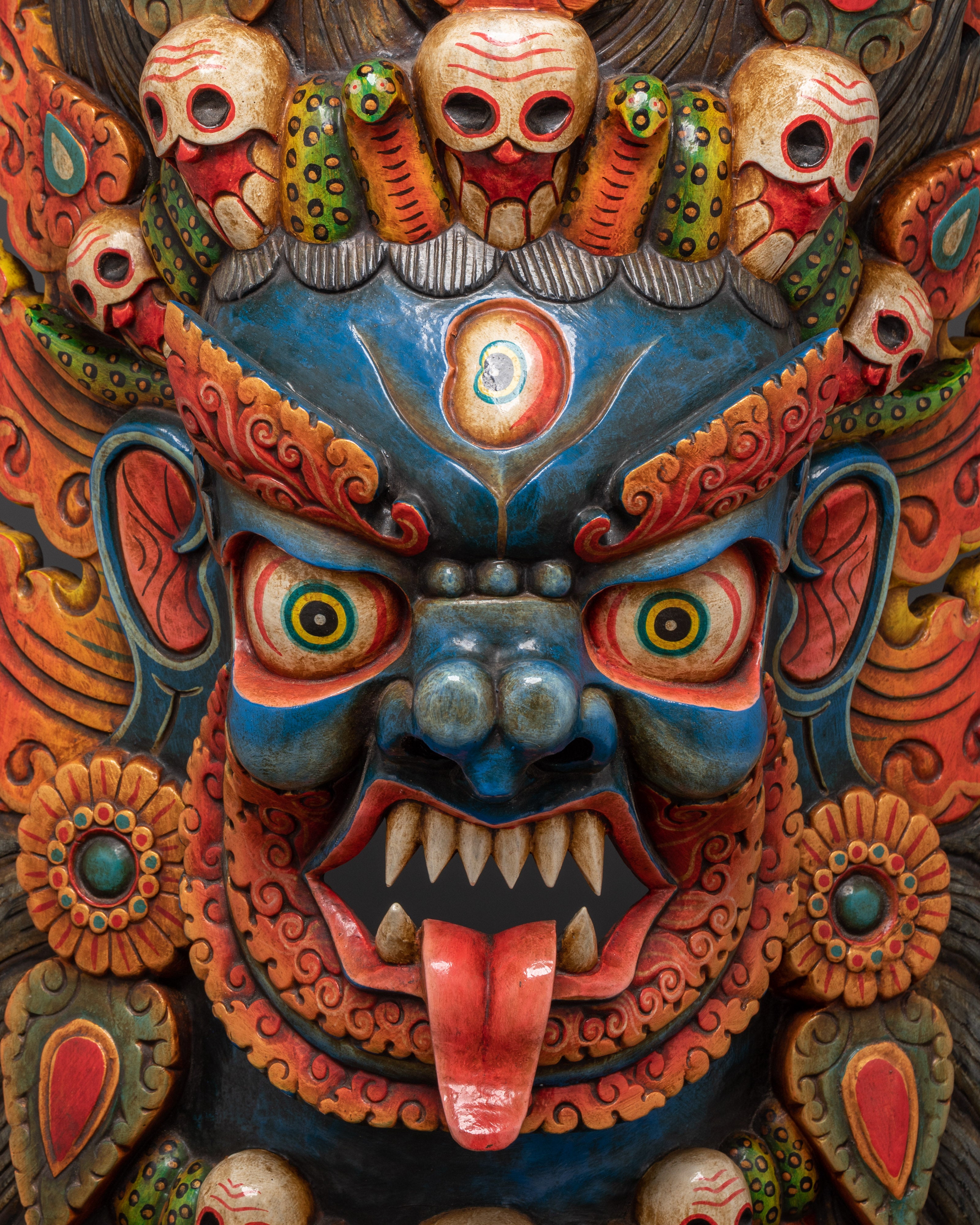 Hand-Carved Tibetan Mahakala Mask Wall Art | Fierce Guardian Deity Mask