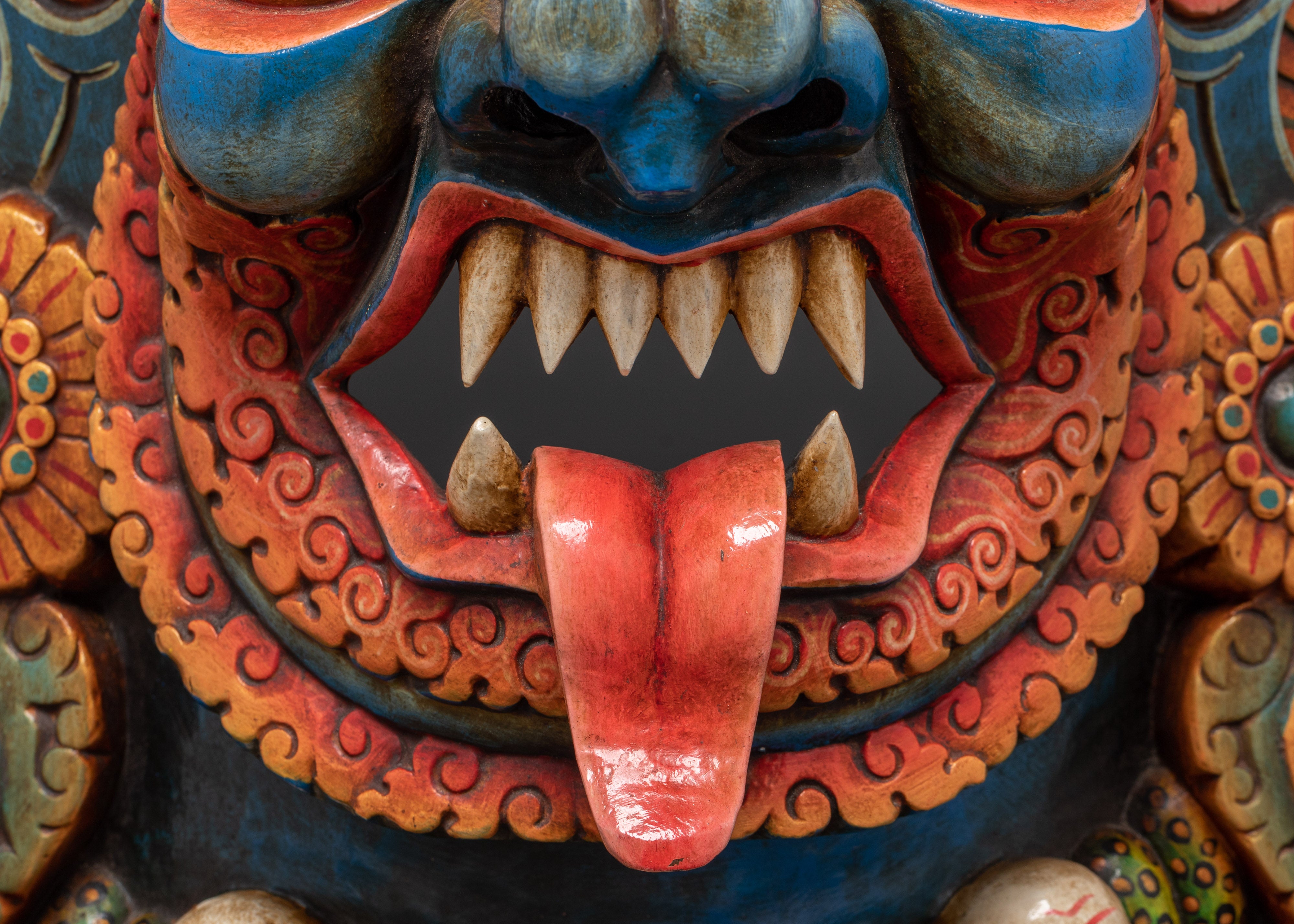 Hand-Carved Tibetan Mahakala Mask Wall Art | Fierce Guardian Deity Mask