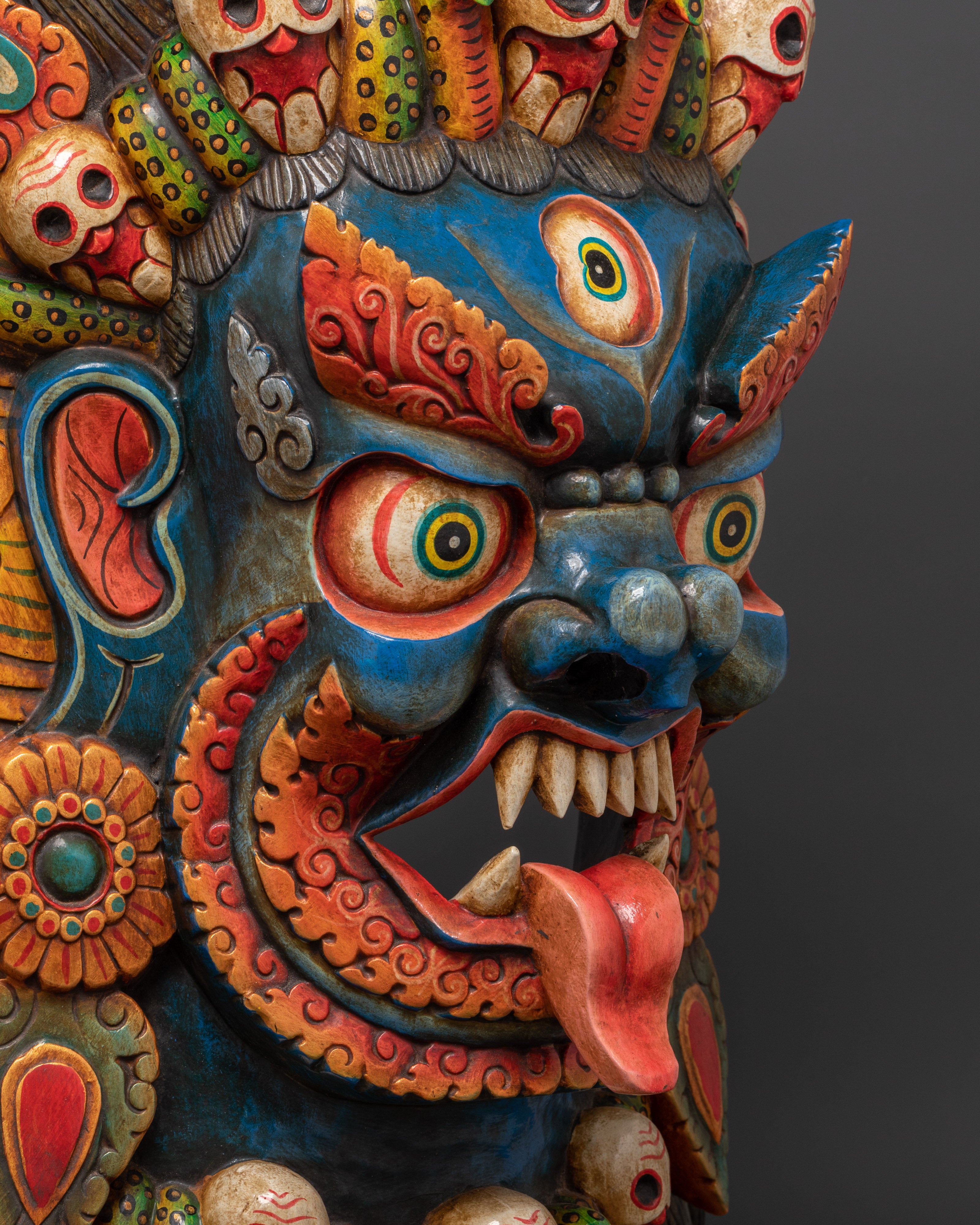 Hand-Carved Tibetan Mahakala Mask Wall Art | Fierce Guardian Deity Mask