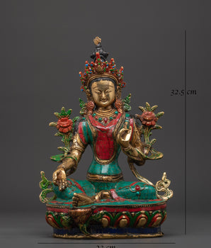 Green Tara Compassionate Protector Statue | Coral & Turquoise Inlaid Statue