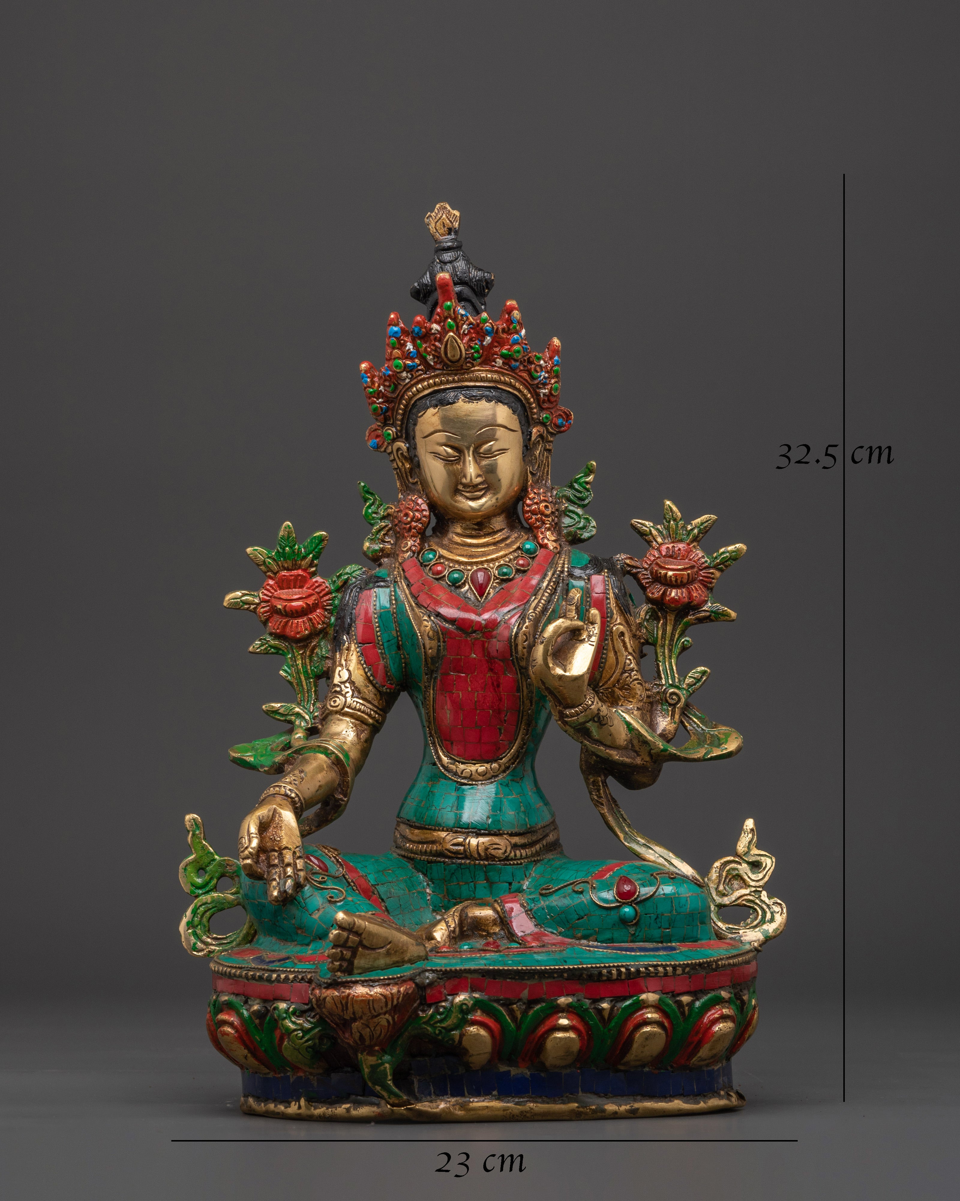 Green Tara Compassionate Protector Statue | Coral & Turquoise Inlaid Statue