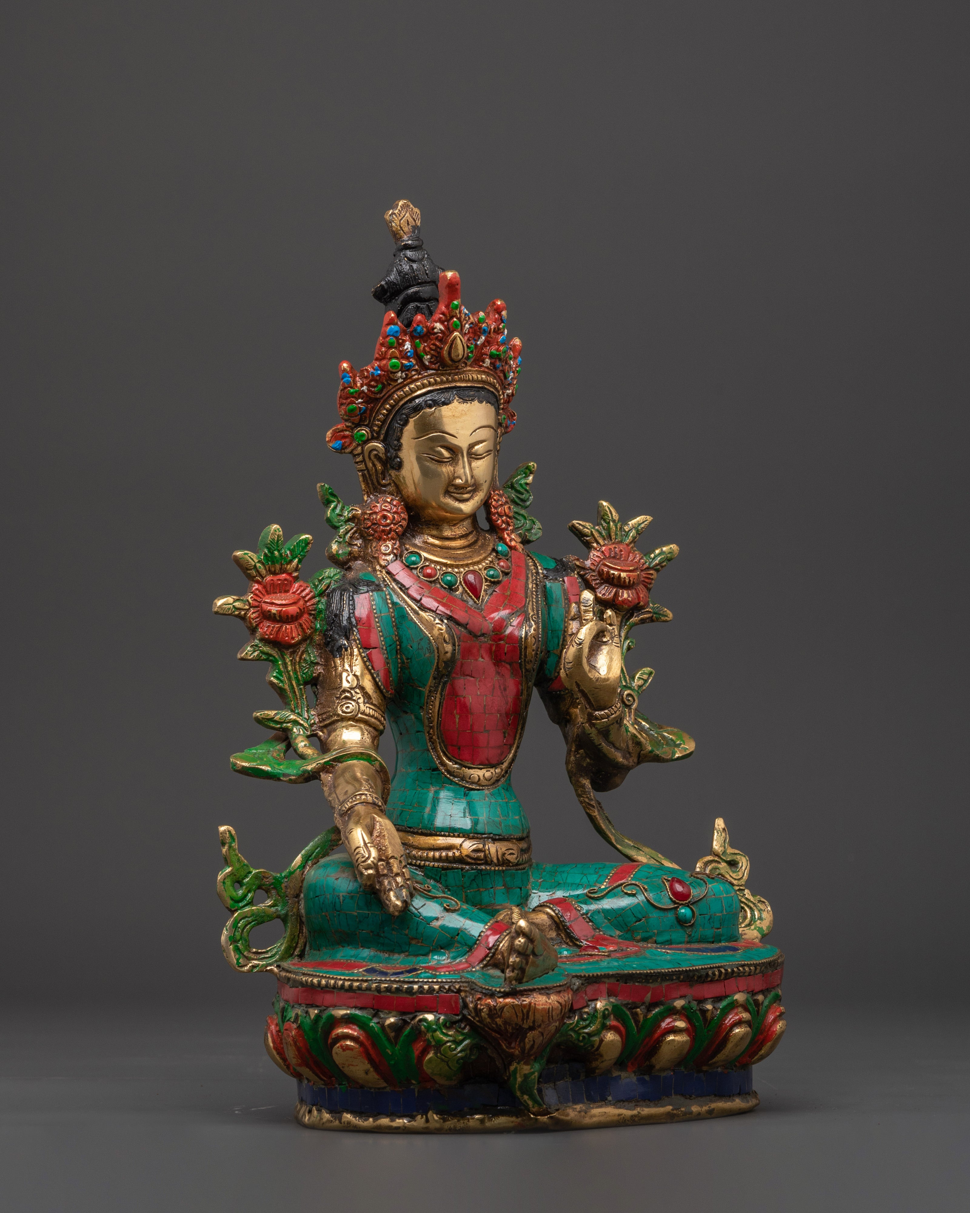 Green Tara Compassionate Protector Statue | Coral & Turquoise Inlaid Statue