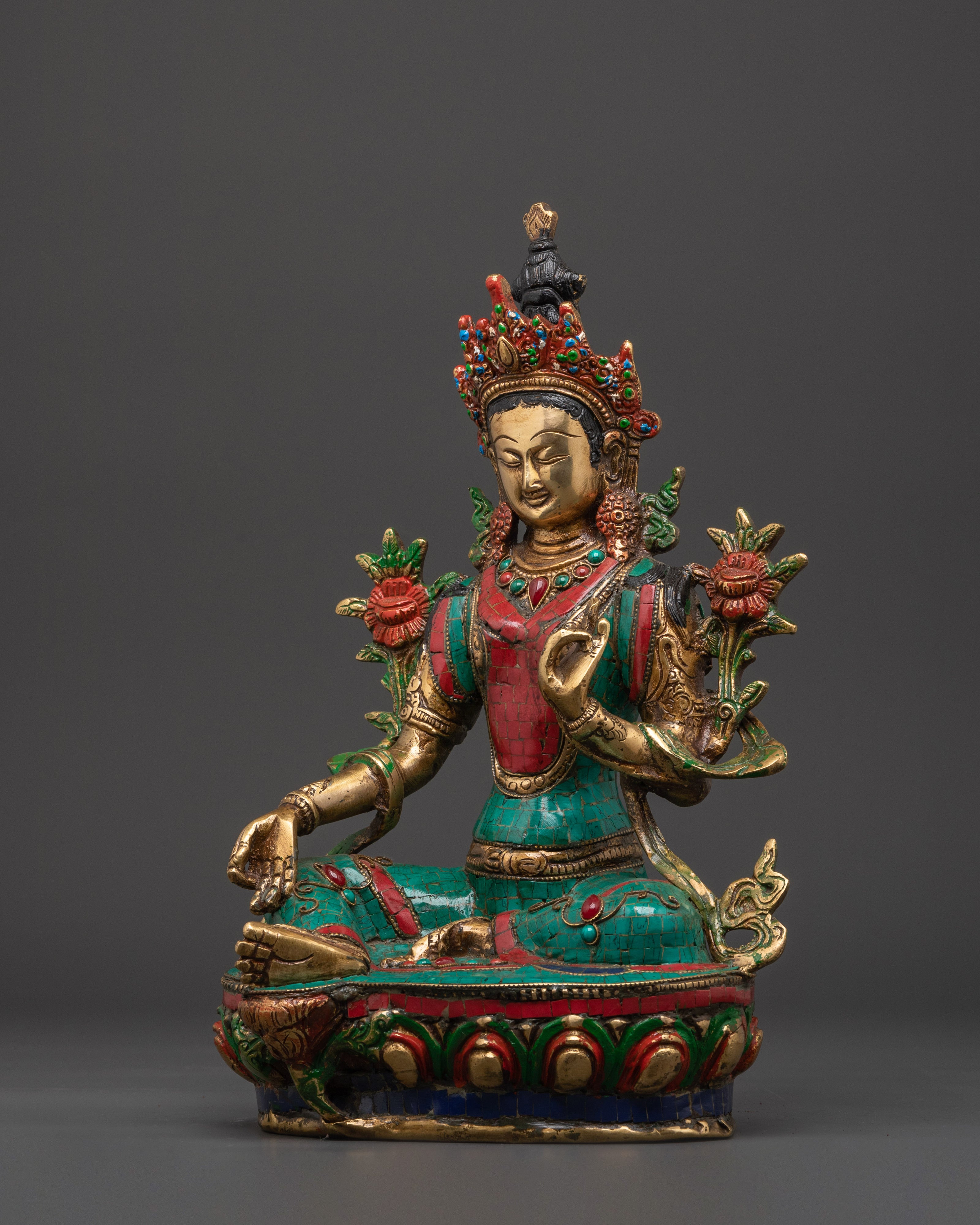 Green Tara Compassionate Protector Statue | Coral & Turquoise Inlaid Statue