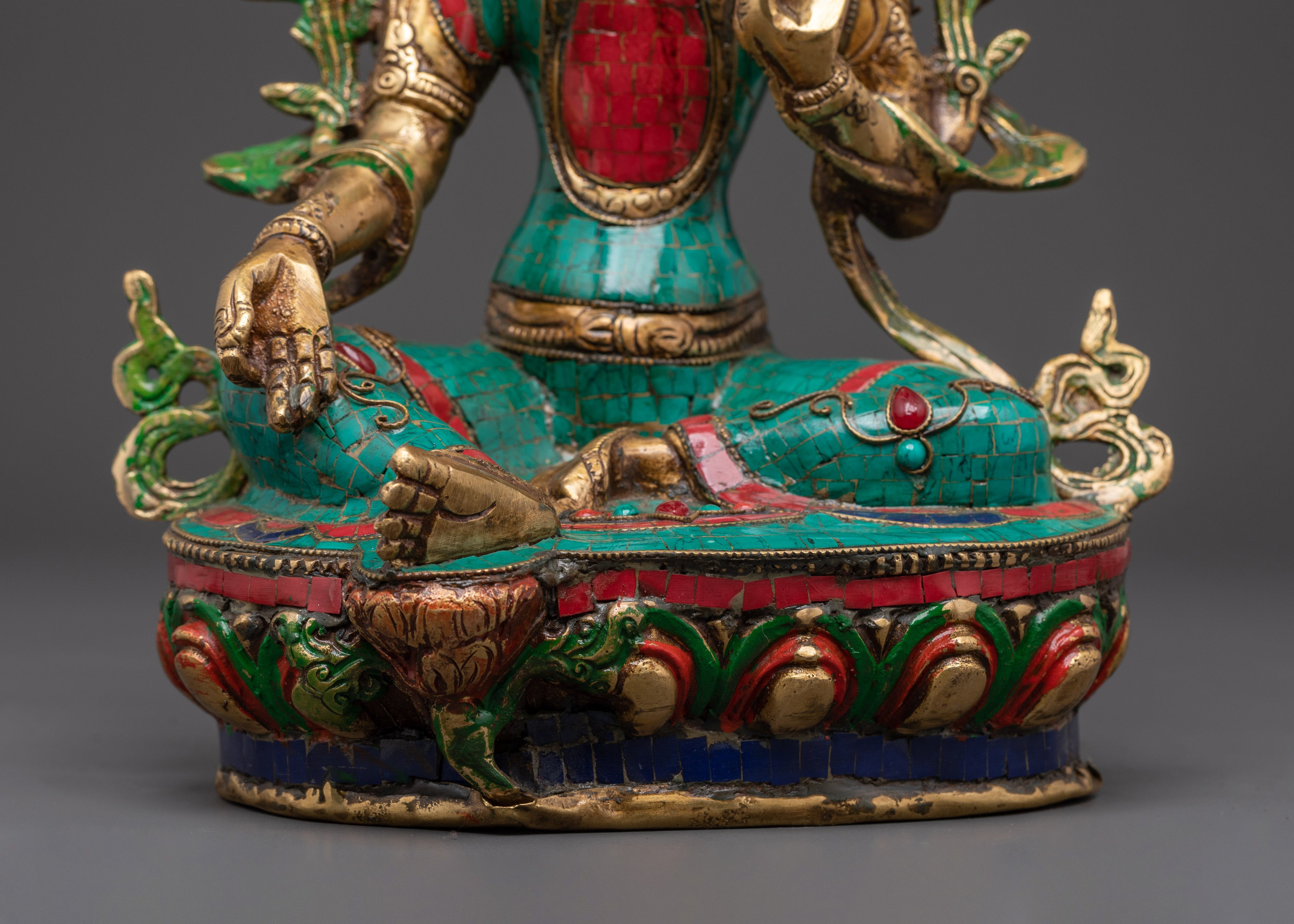Green Tara Compassionate Protector Statue | Coral & Turquoise Inlaid Statue