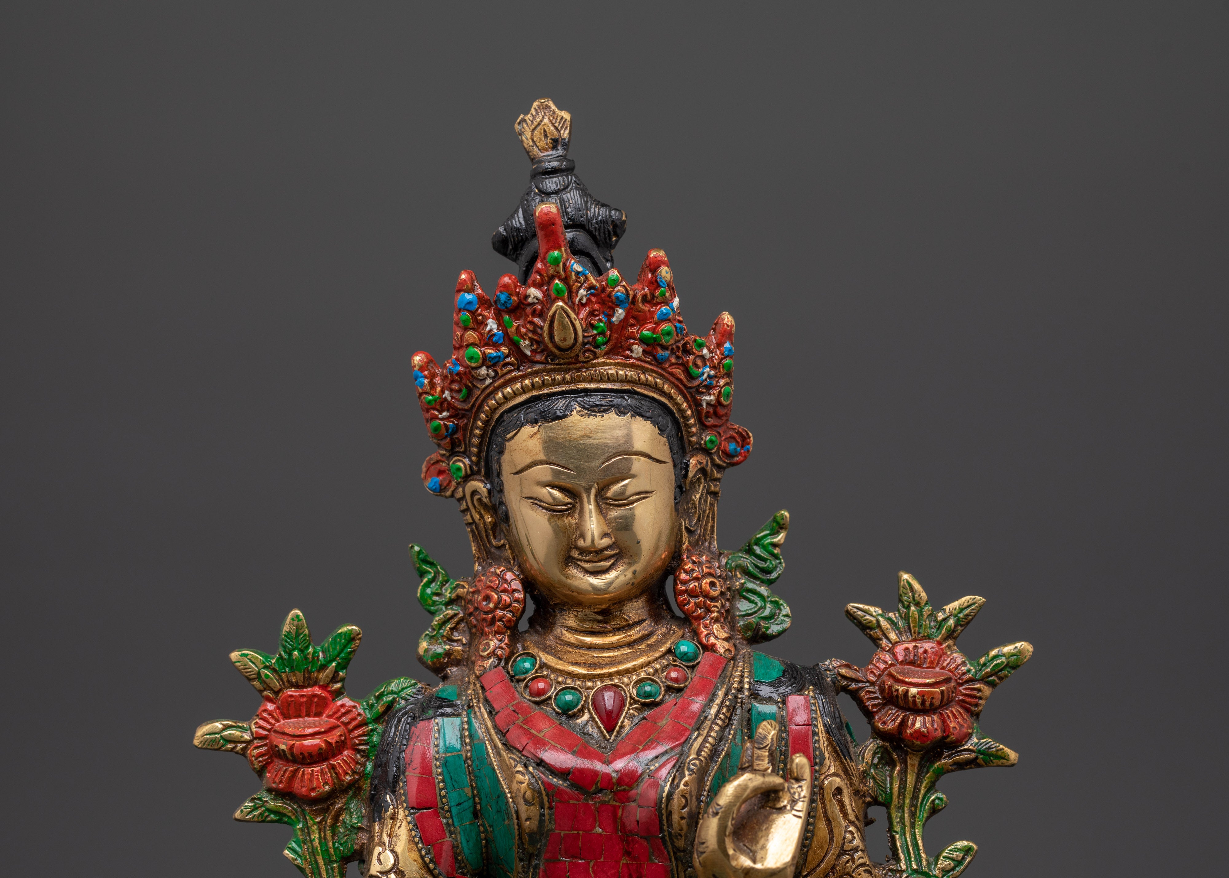 Green Tara Compassionate Protector Statue | Coral & Turquoise Inlaid Statue