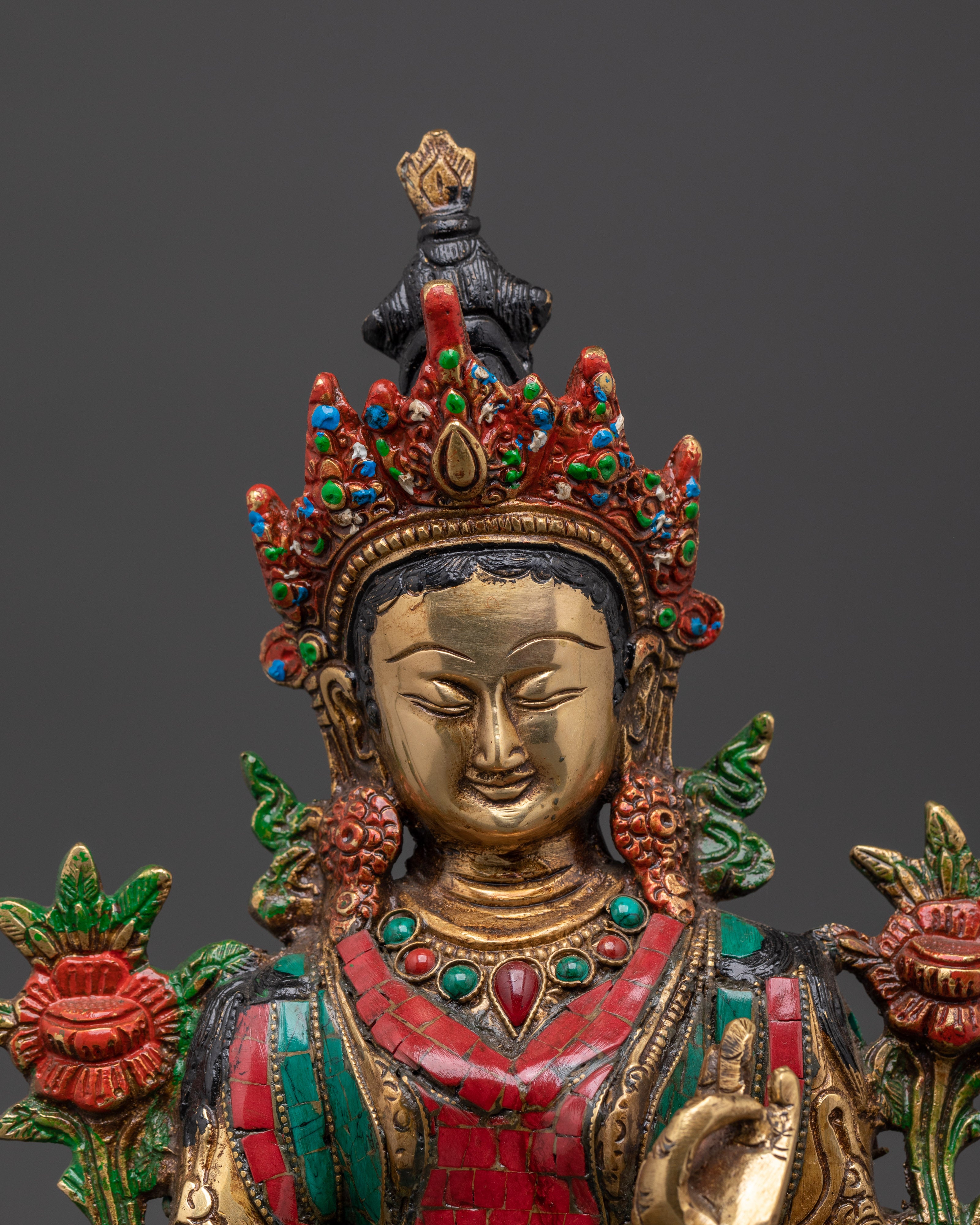 Green Tara Compassionate Protector Statue | Coral & Turquoise Inlaid Statue