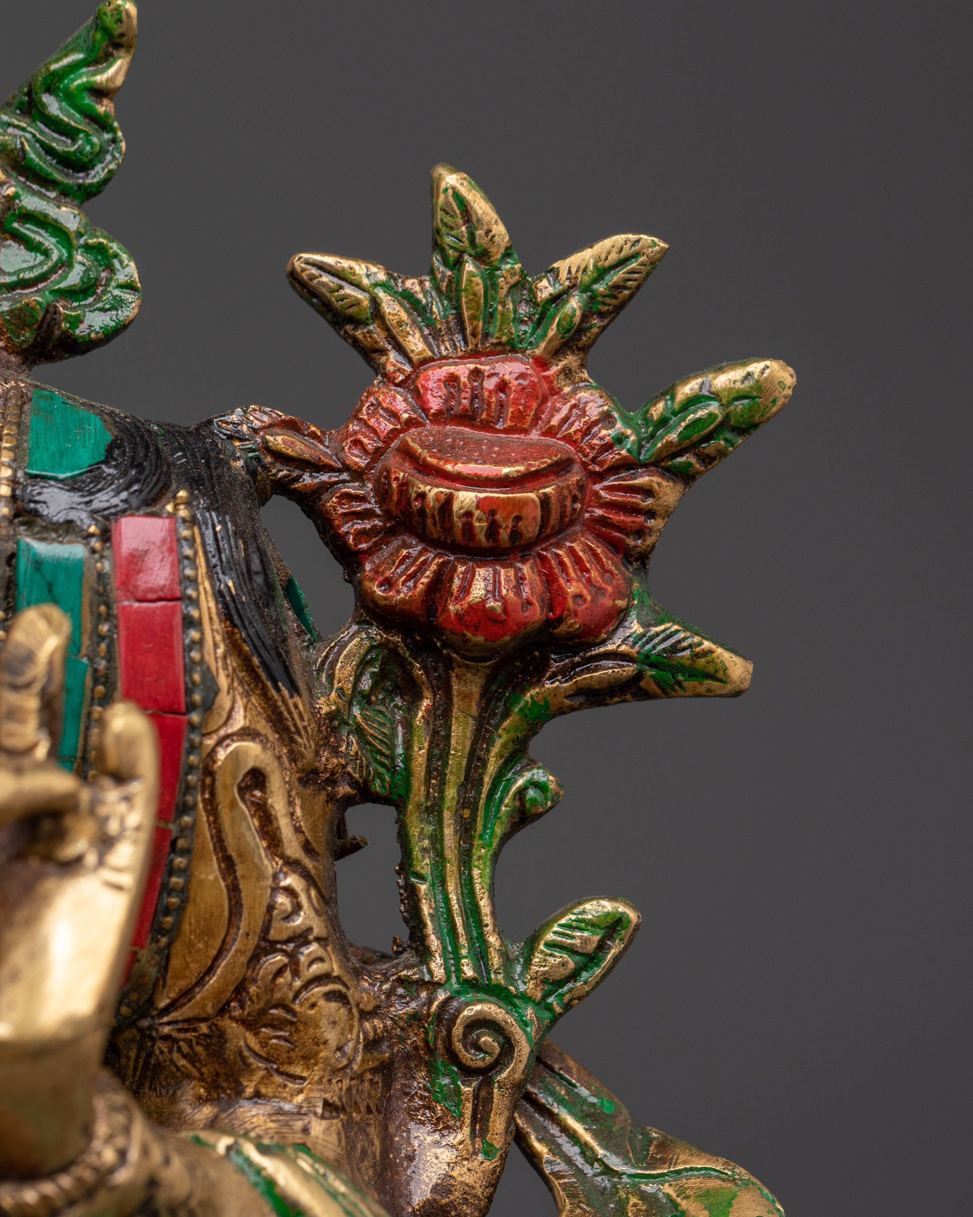 Green Tara Compassionate Protector Statue | Coral & Turquoise Inlaid Statue