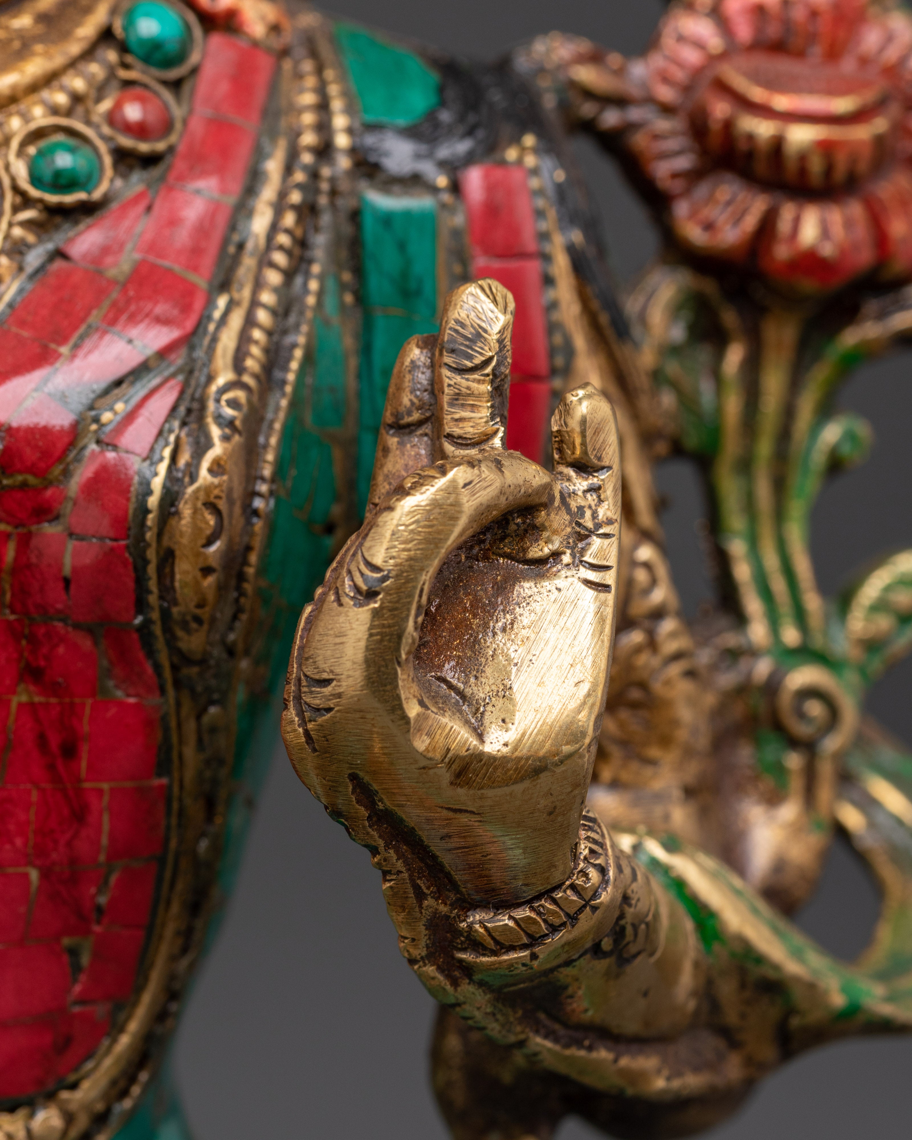 Green Tara Compassionate Protector Statue | Coral & Turquoise Inlaid Statue