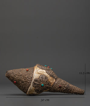 Buddhist Copper Conch Shell | Tibetan Ritual Trumpet with Coral and Turquoise