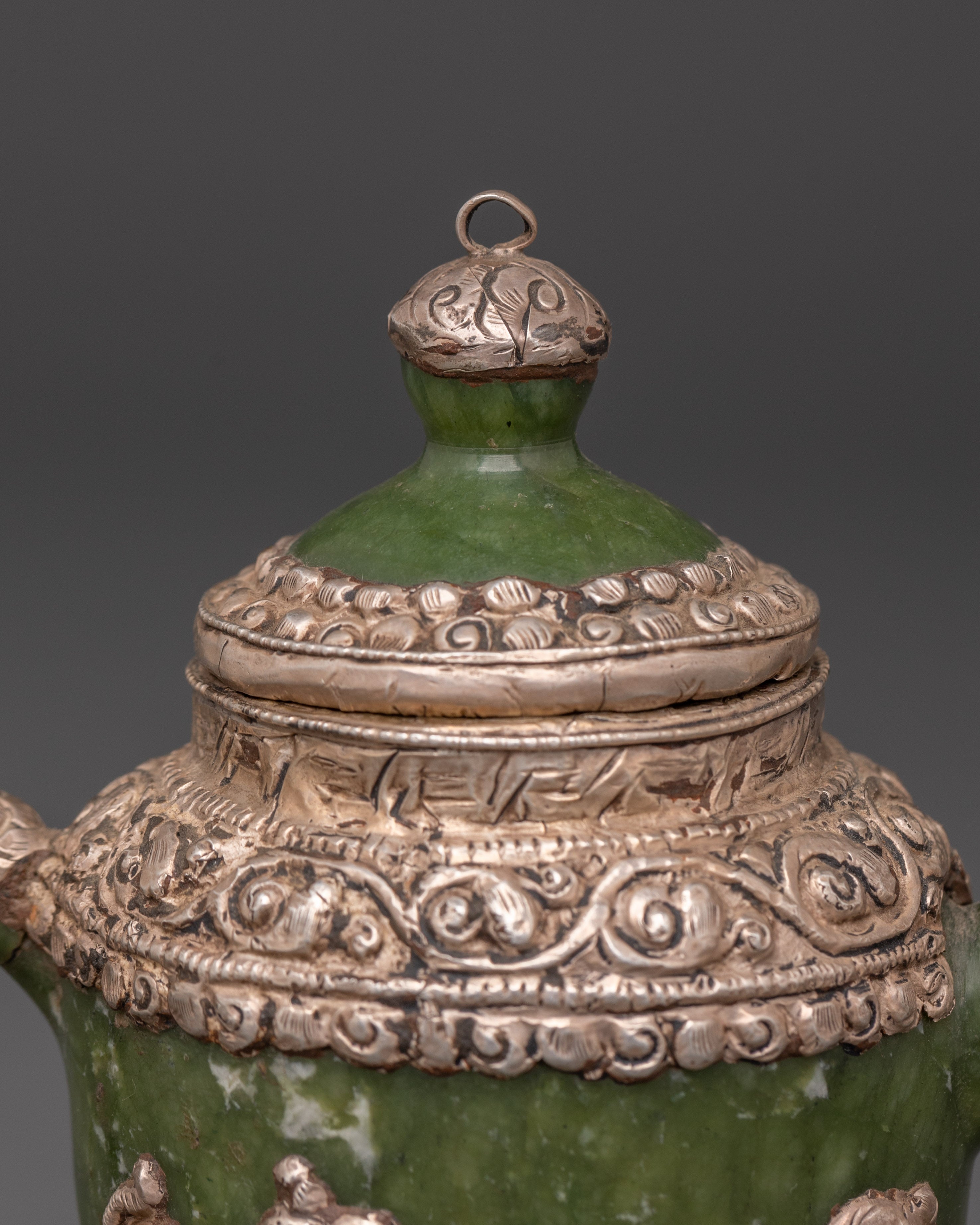 Spiritual Jade Teapot | Handcrafted Silver-Plated Teapot with Lion & Dragon Design