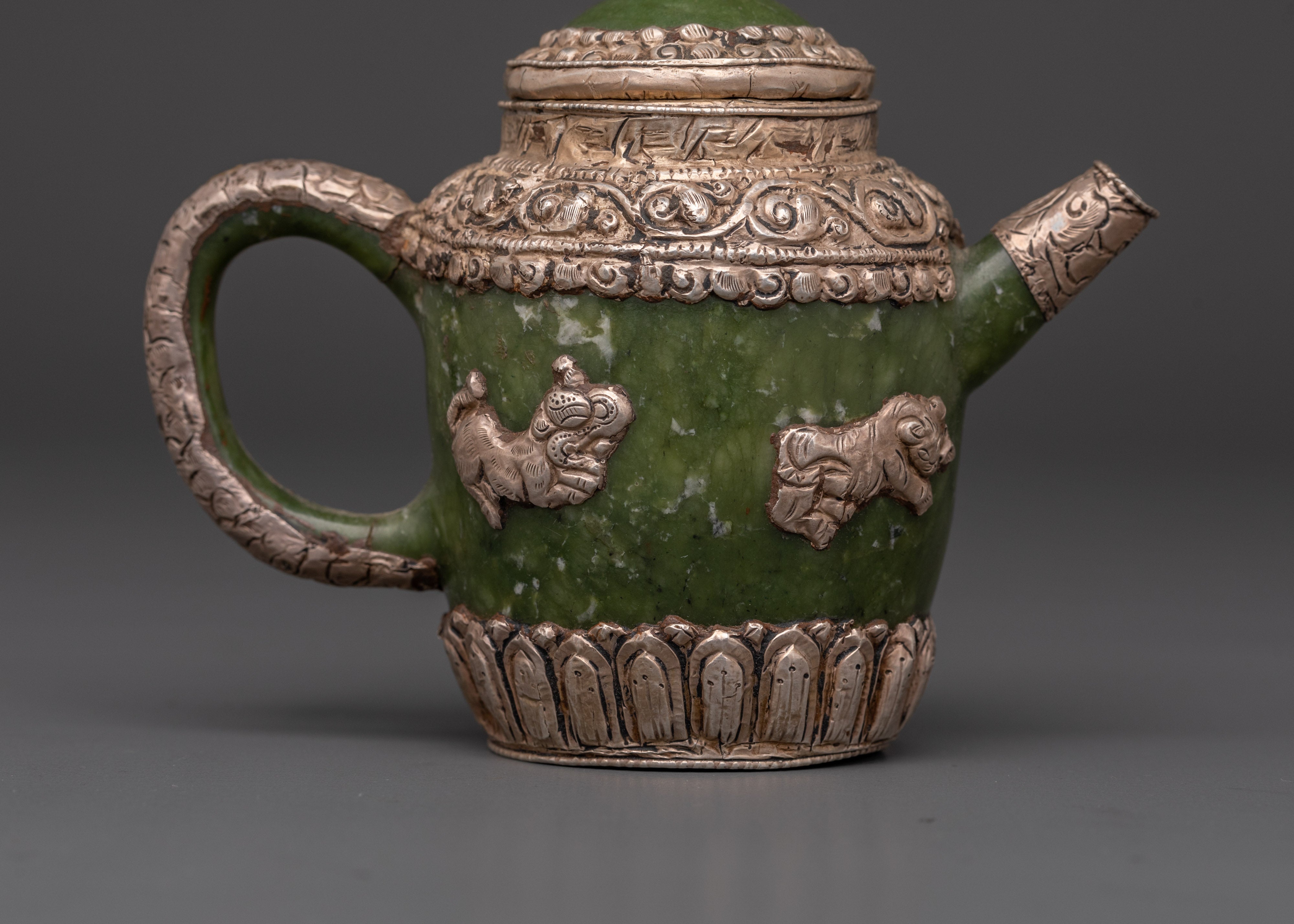 Spiritual Jade Teapot | Handcrafted Silver-Plated Teapot with Lion & Dragon Design