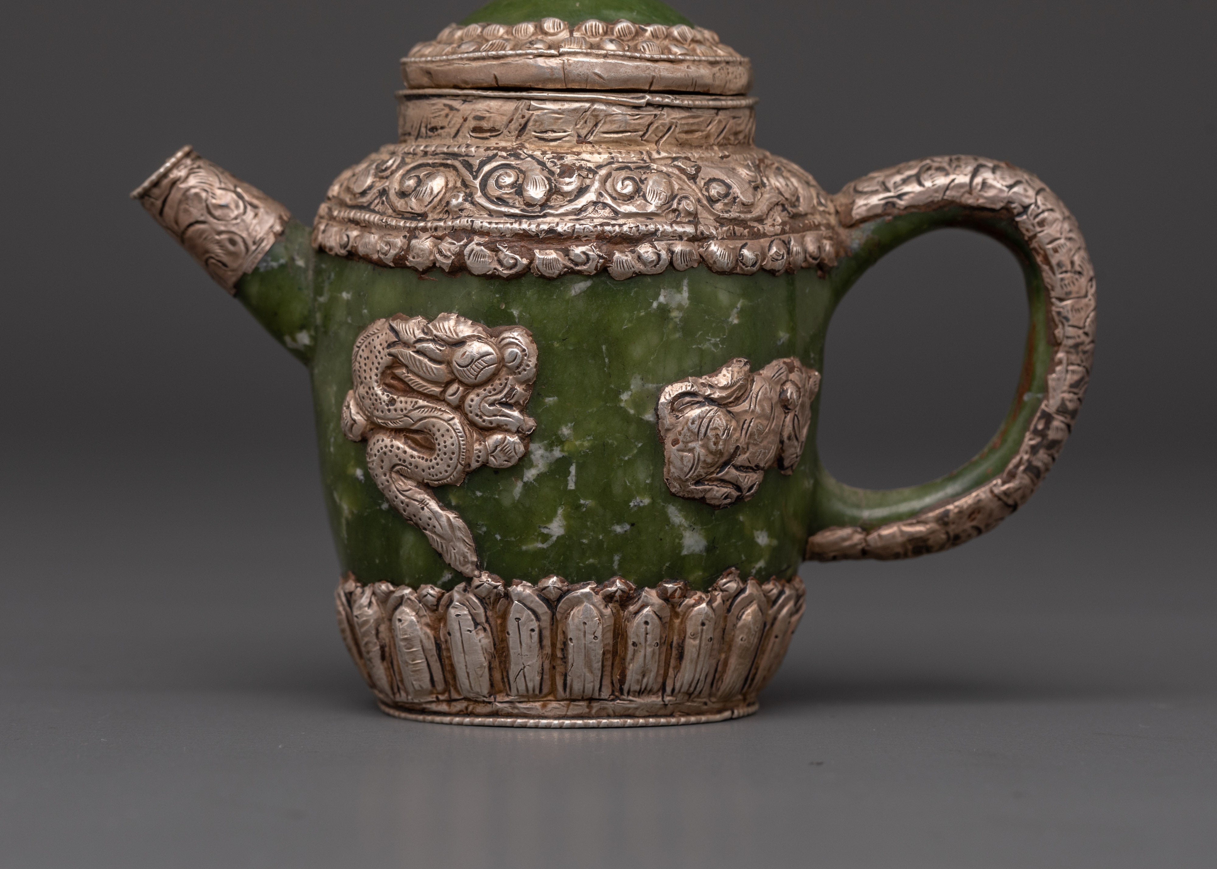 Spiritual Jade Teapot | Handcrafted Silver-Plated Teapot with Lion & Dragon Design