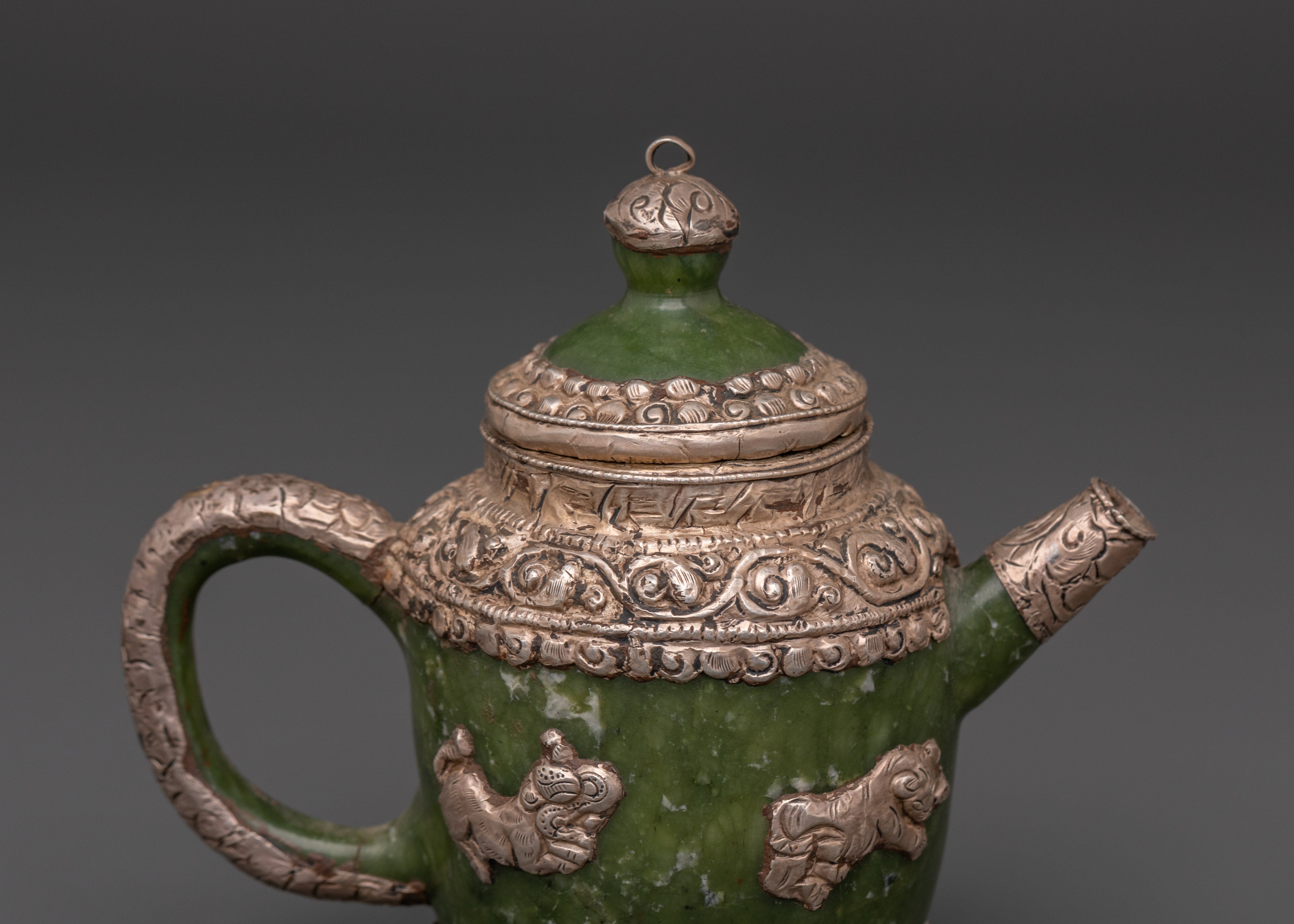 Spiritual Jade Teapot | Handcrafted Silver-Plated Teapot with Lion & Dragon Design