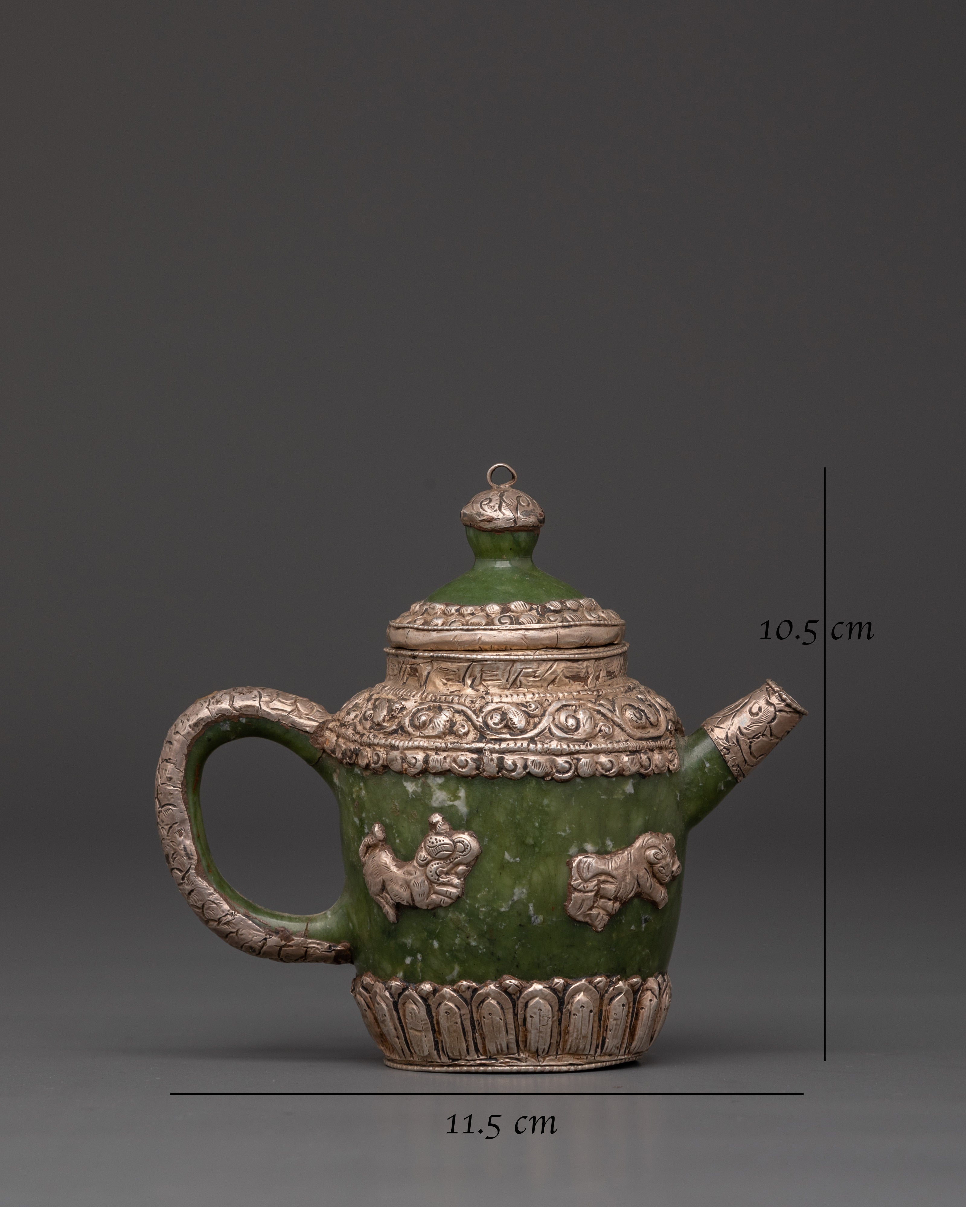 Spiritual Jade Teapot | Handcrafted Silver-Plated Teapot with Lion & Dragon Design