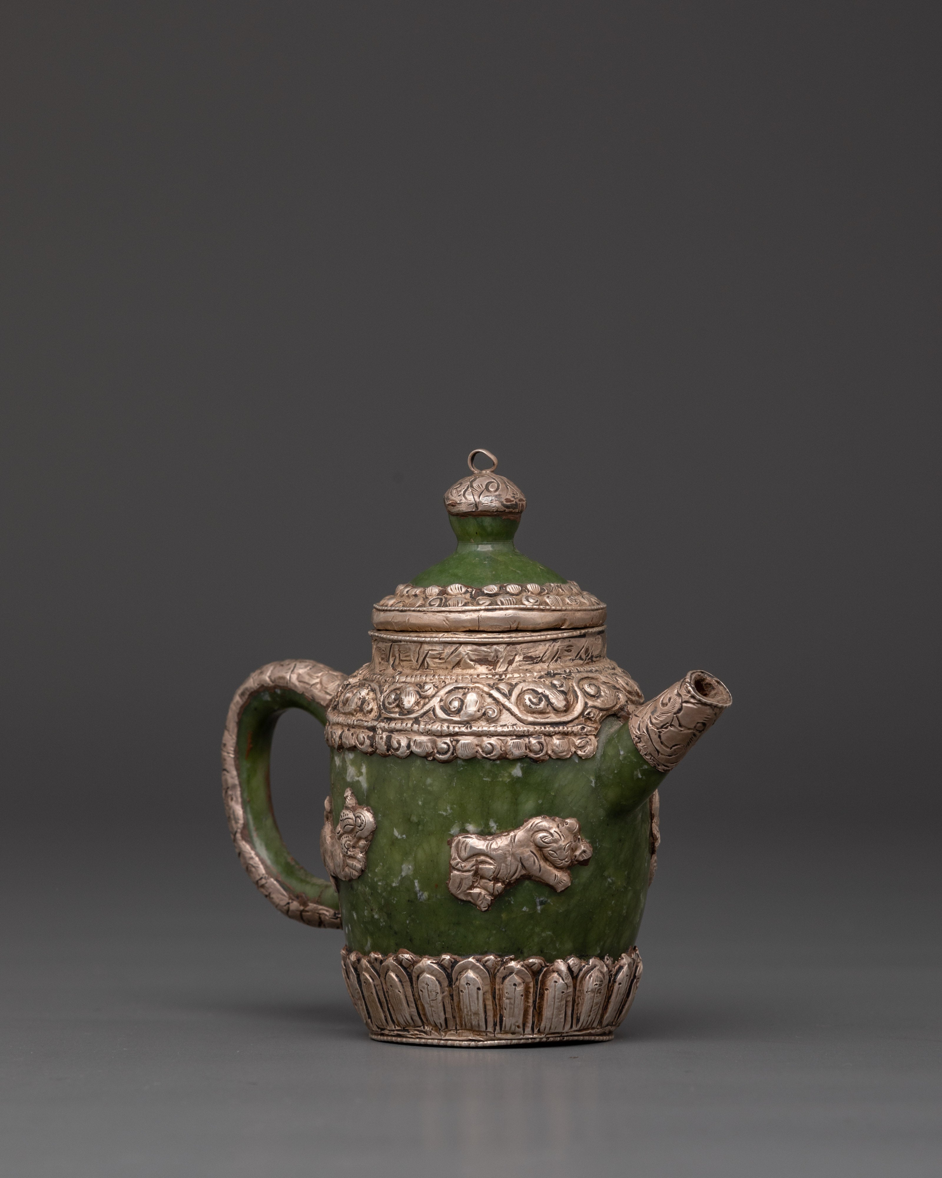 Spiritual Jade Teapot | Handcrafted Silver-Plated Teapot with Lion & Dragon Design