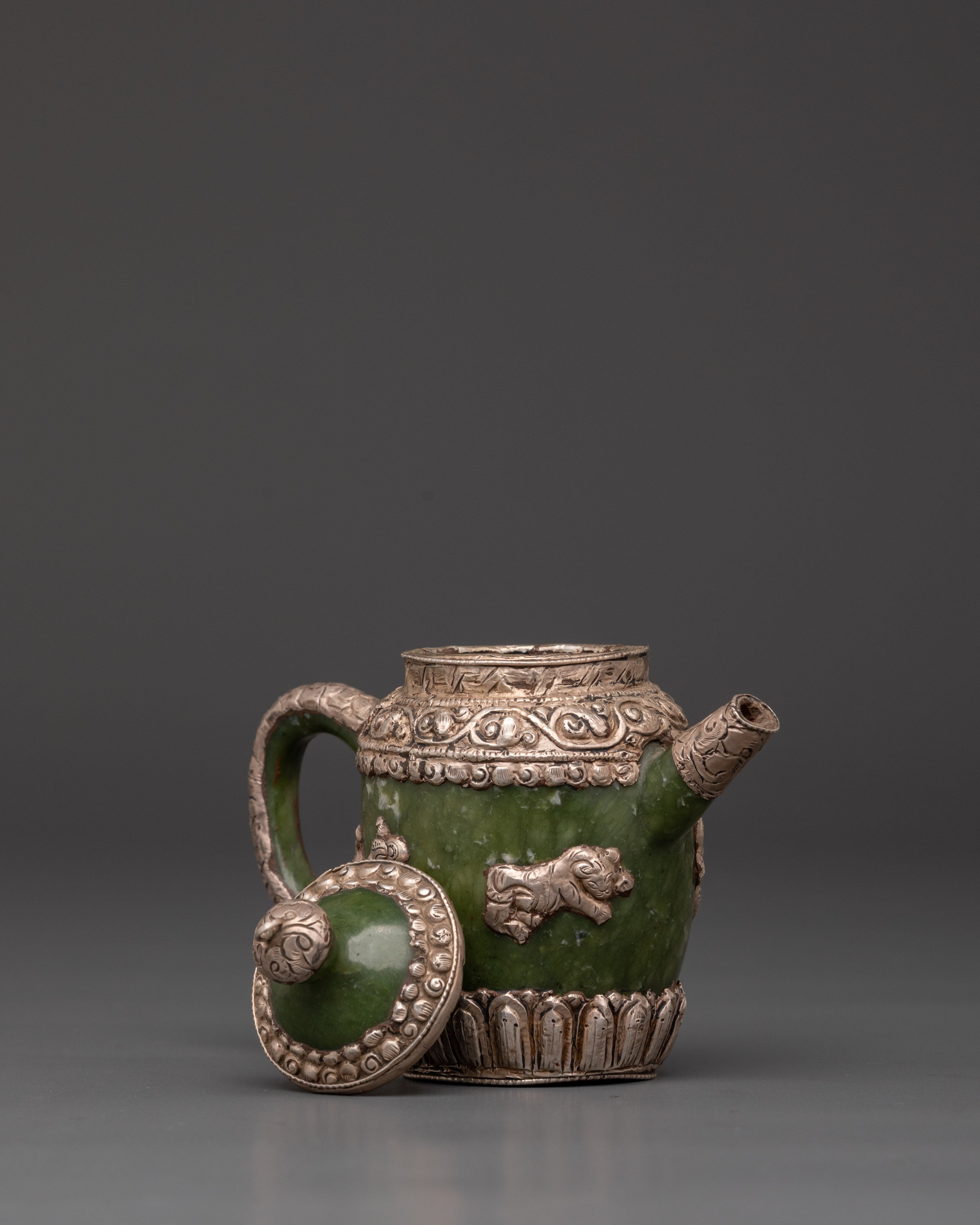 Spiritual Jade Teapot | Handcrafted Silver-Plated Teapot with Lion & Dragon Design