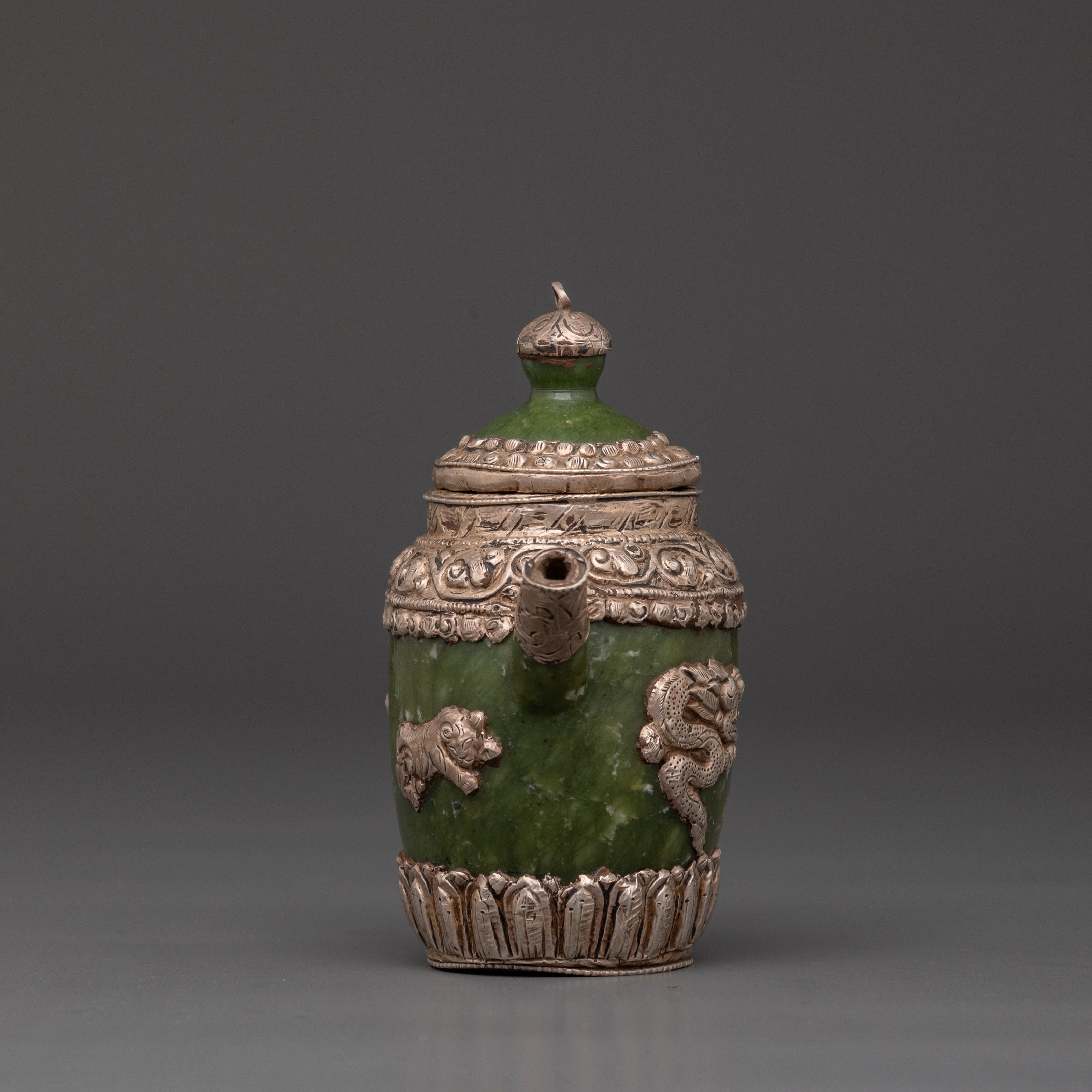 Spiritual Jade Teapot | Handcrafted Silver-Plated Teapot with Lion & Dragon Design