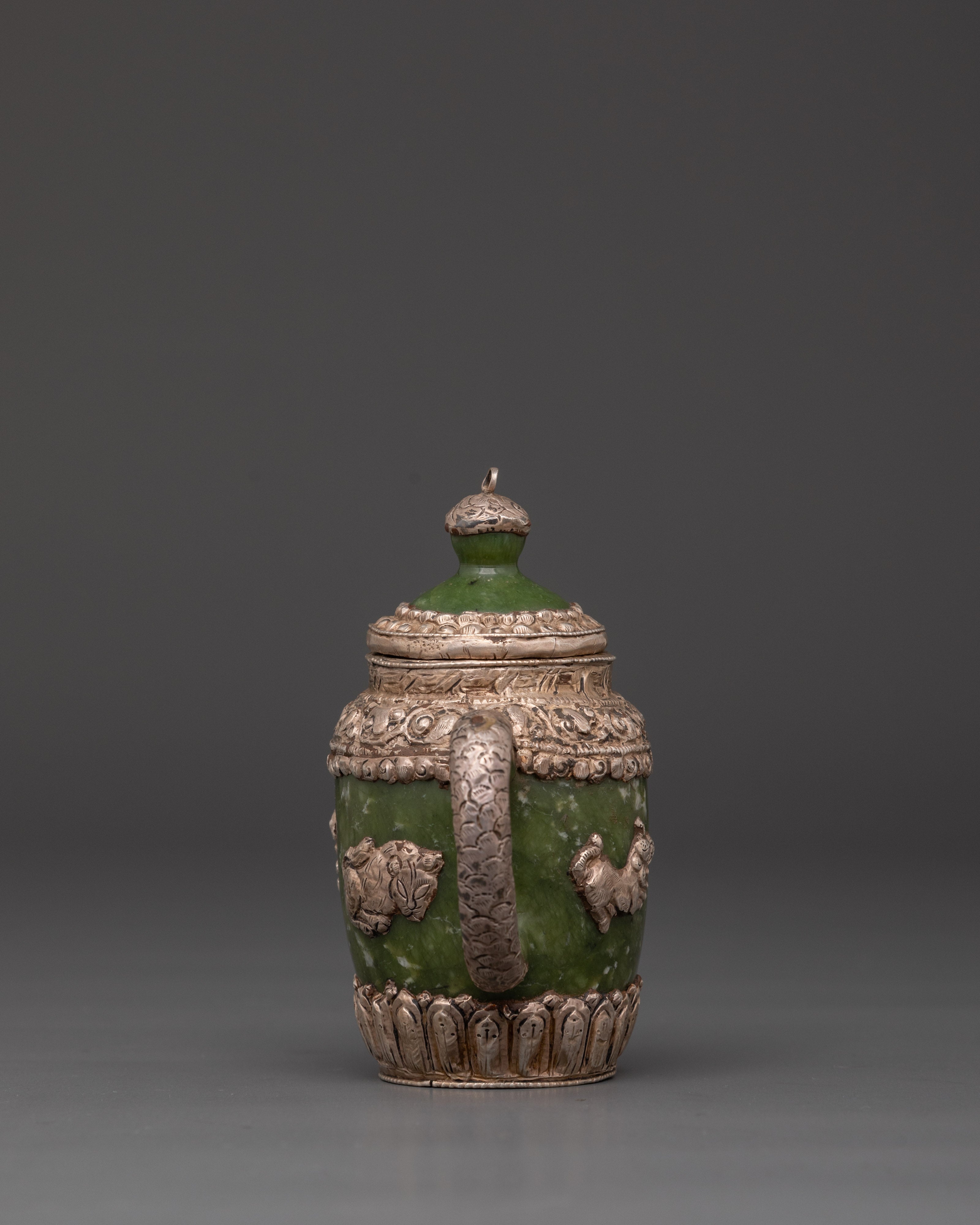 Spiritual Jade Teapot | Handcrafted Silver-Plated Teapot with Lion & Dragon Design