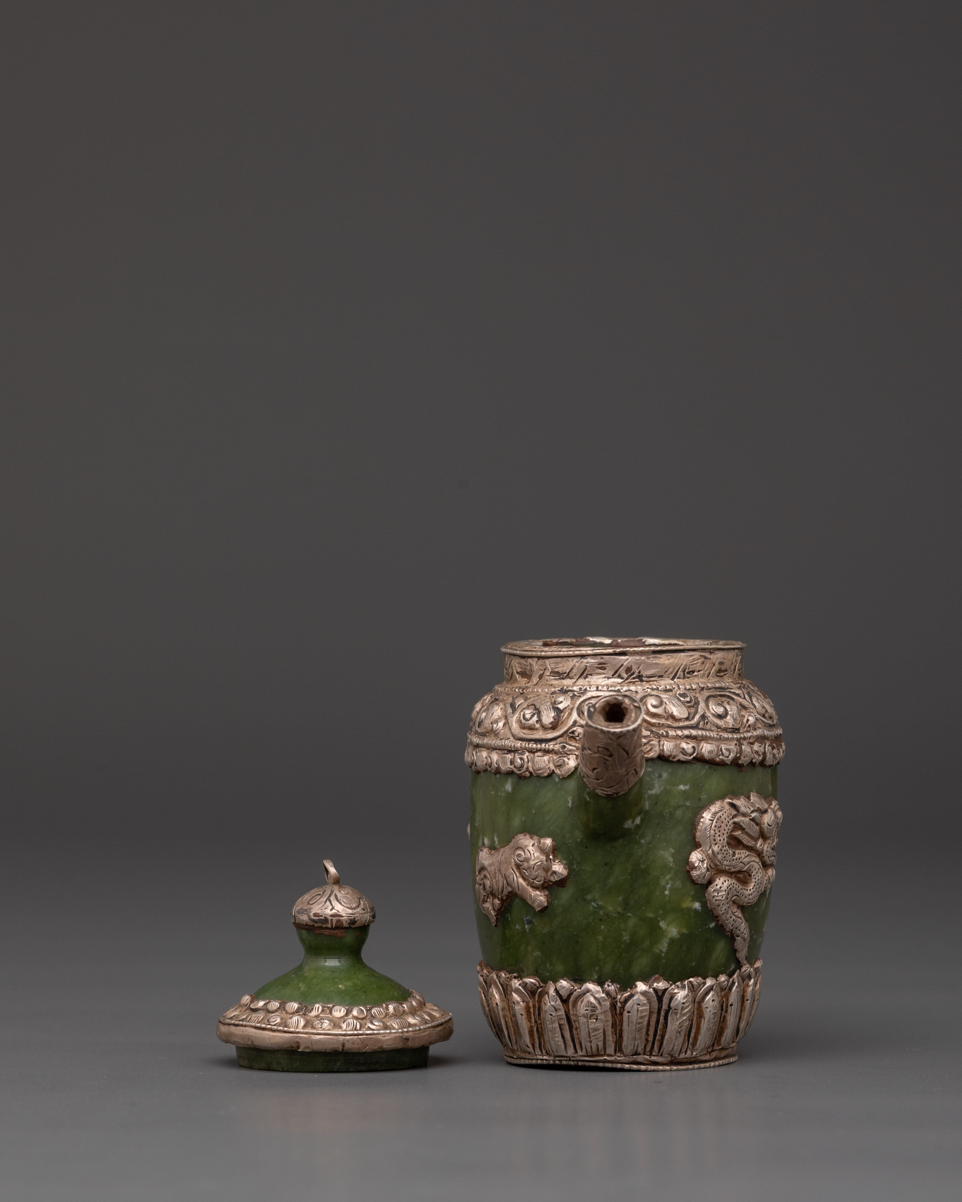Spiritual Jade Teapot | Handcrafted Silver-Plated Teapot with Lion & Dragon Design