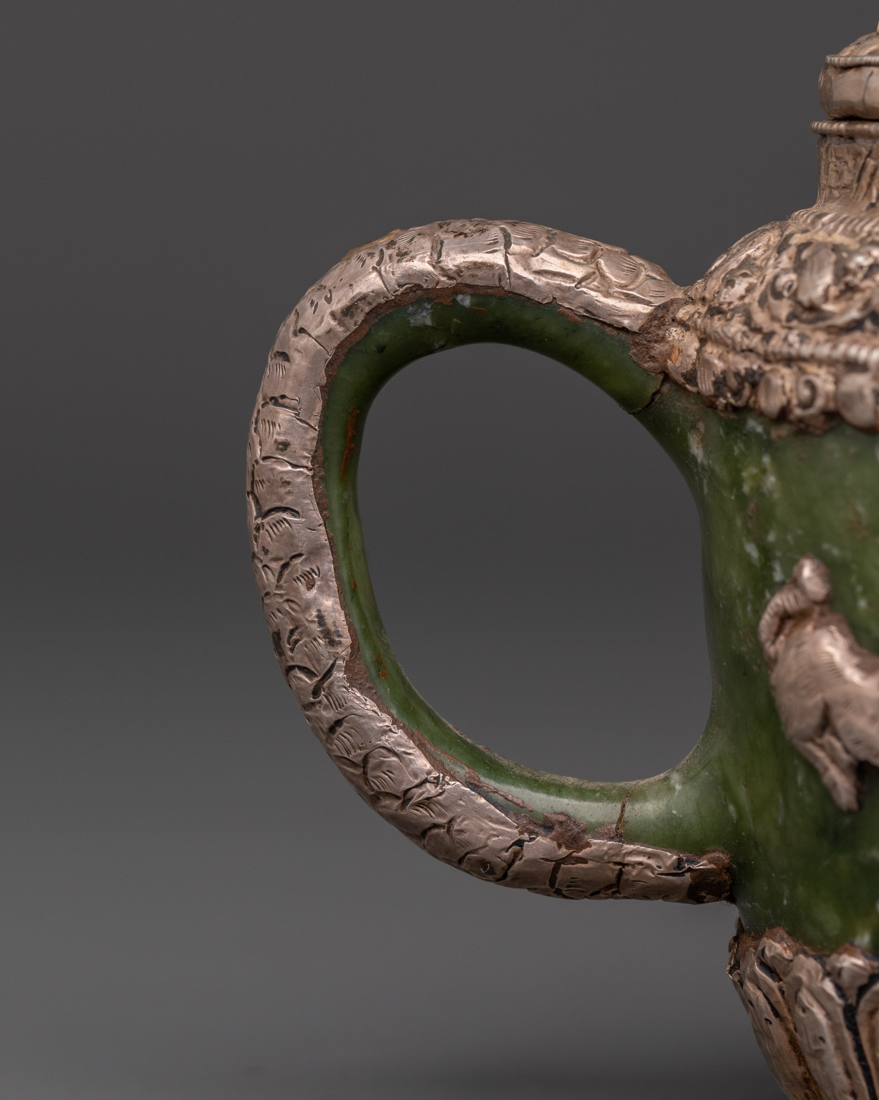 Spiritual Jade Teapot | Handcrafted Silver-Plated Teapot with Lion & Dragon Design