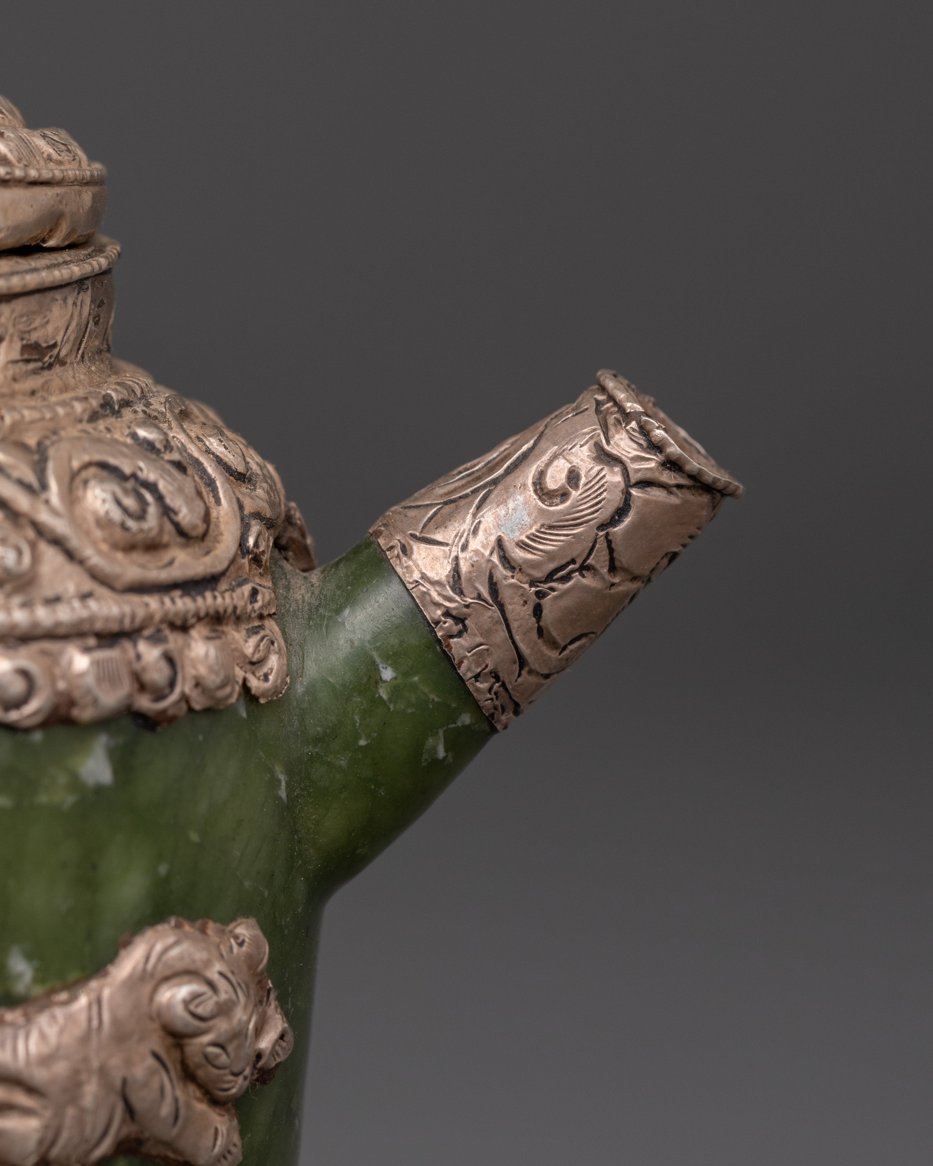 Spiritual Jade Teapot | Handcrafted Silver-Plated Teapot with Lion & Dragon Design