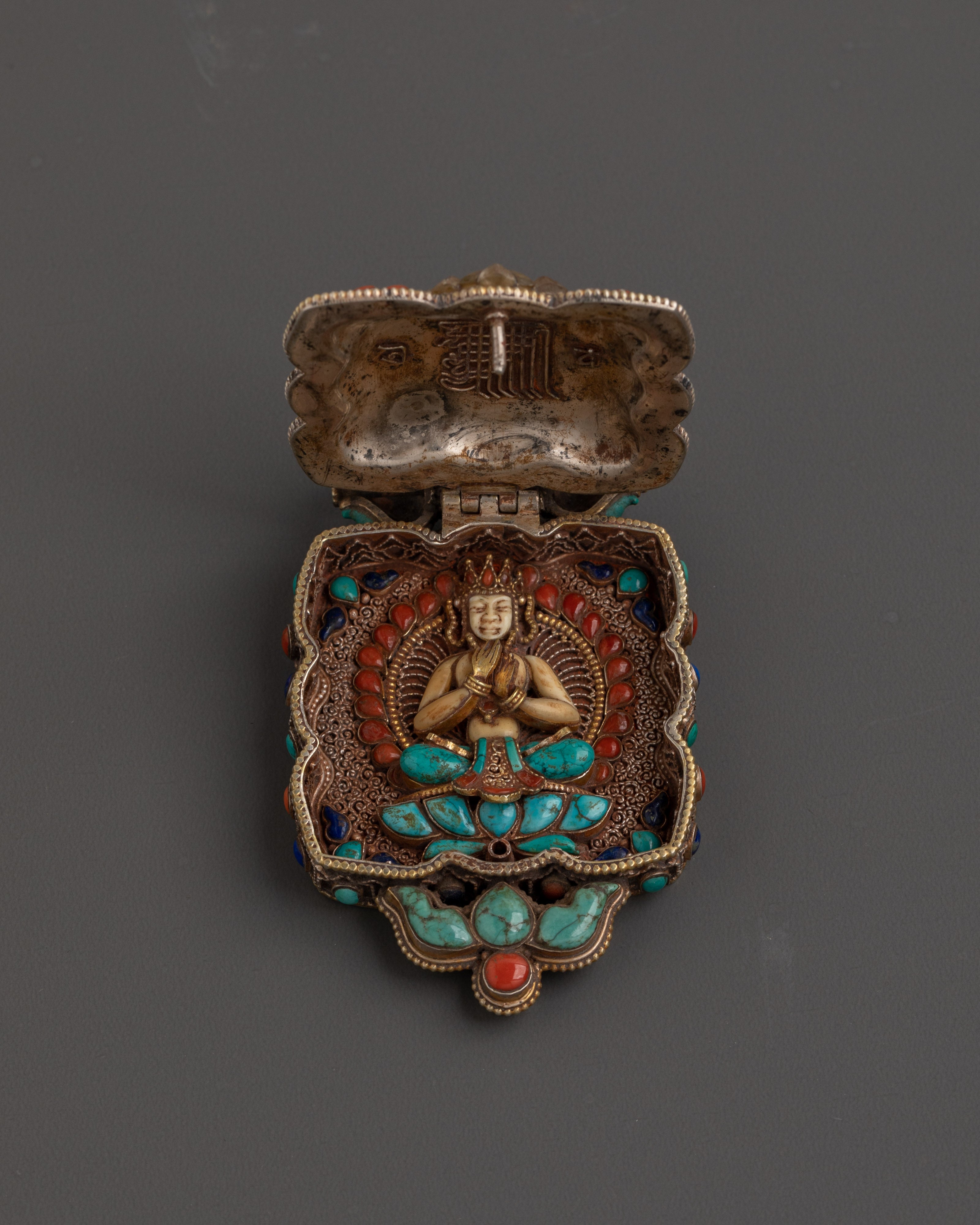 Handmade Tibetan Ghau Locket | Coral, Lapis Lazuli, Turquoise Inlay