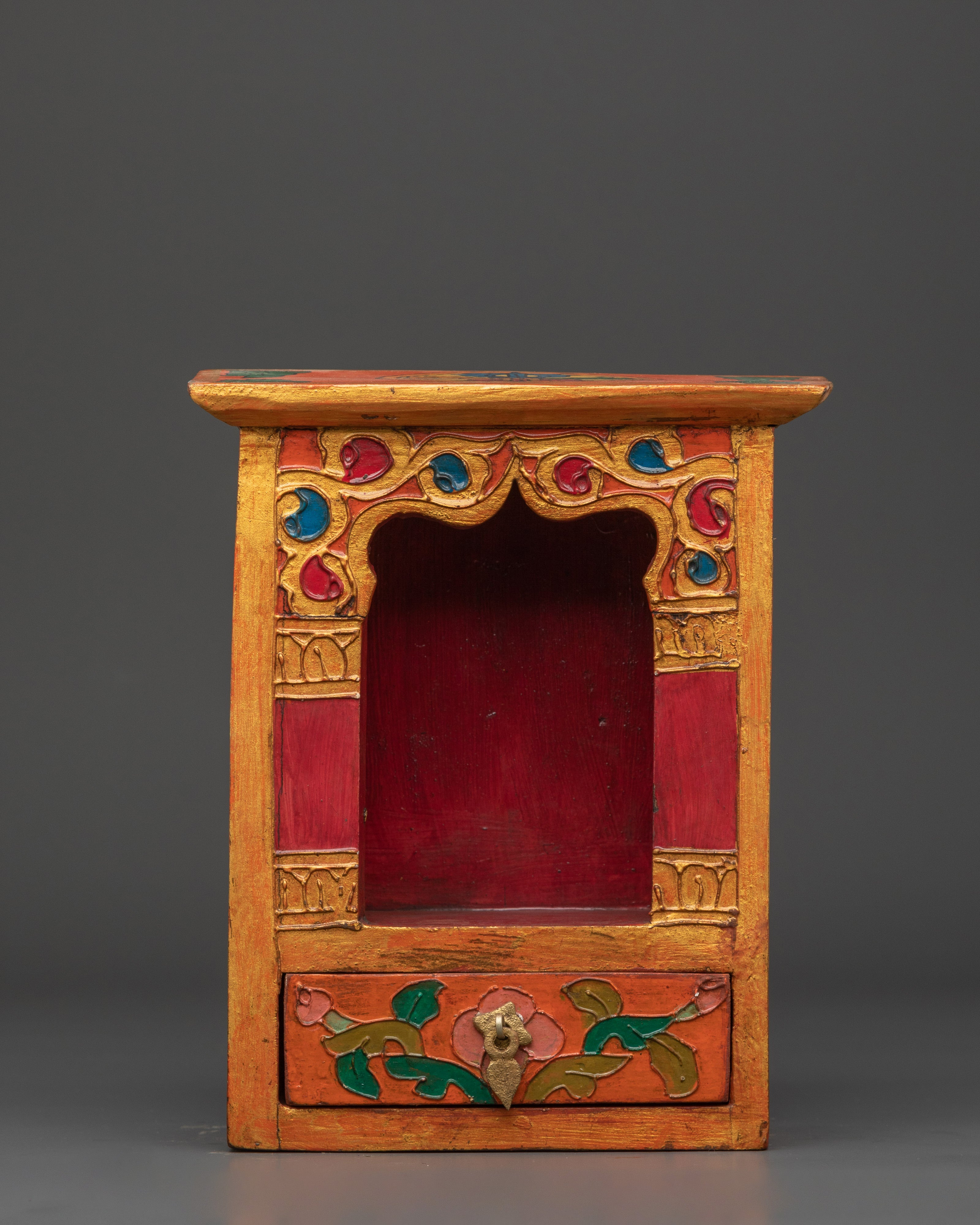 Handcrafted Wooden Altar Box | Intricate Floral Painted Shrine Box