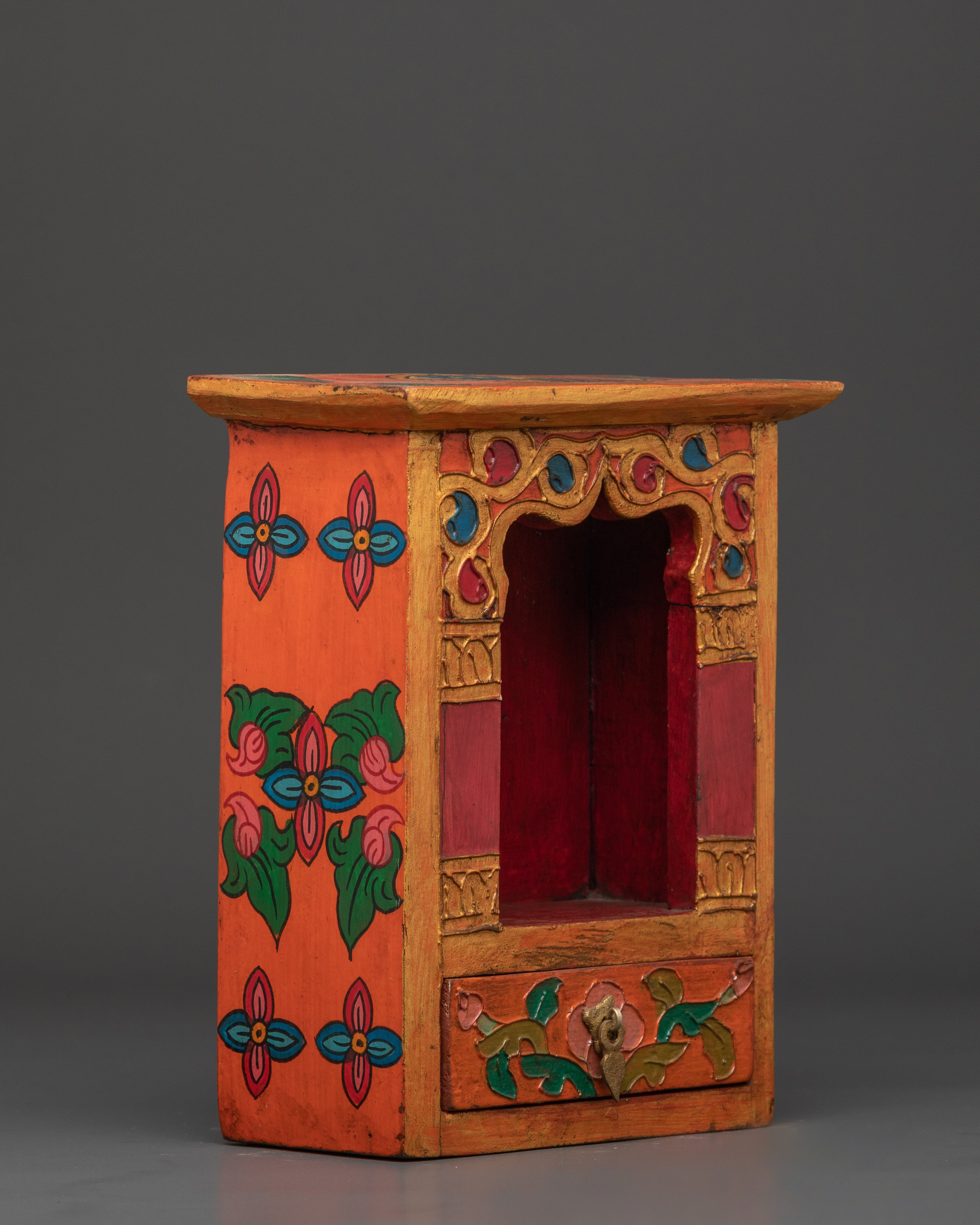 Handcrafted Wooden Altar Box | Intricate Floral Painted Shrine Box