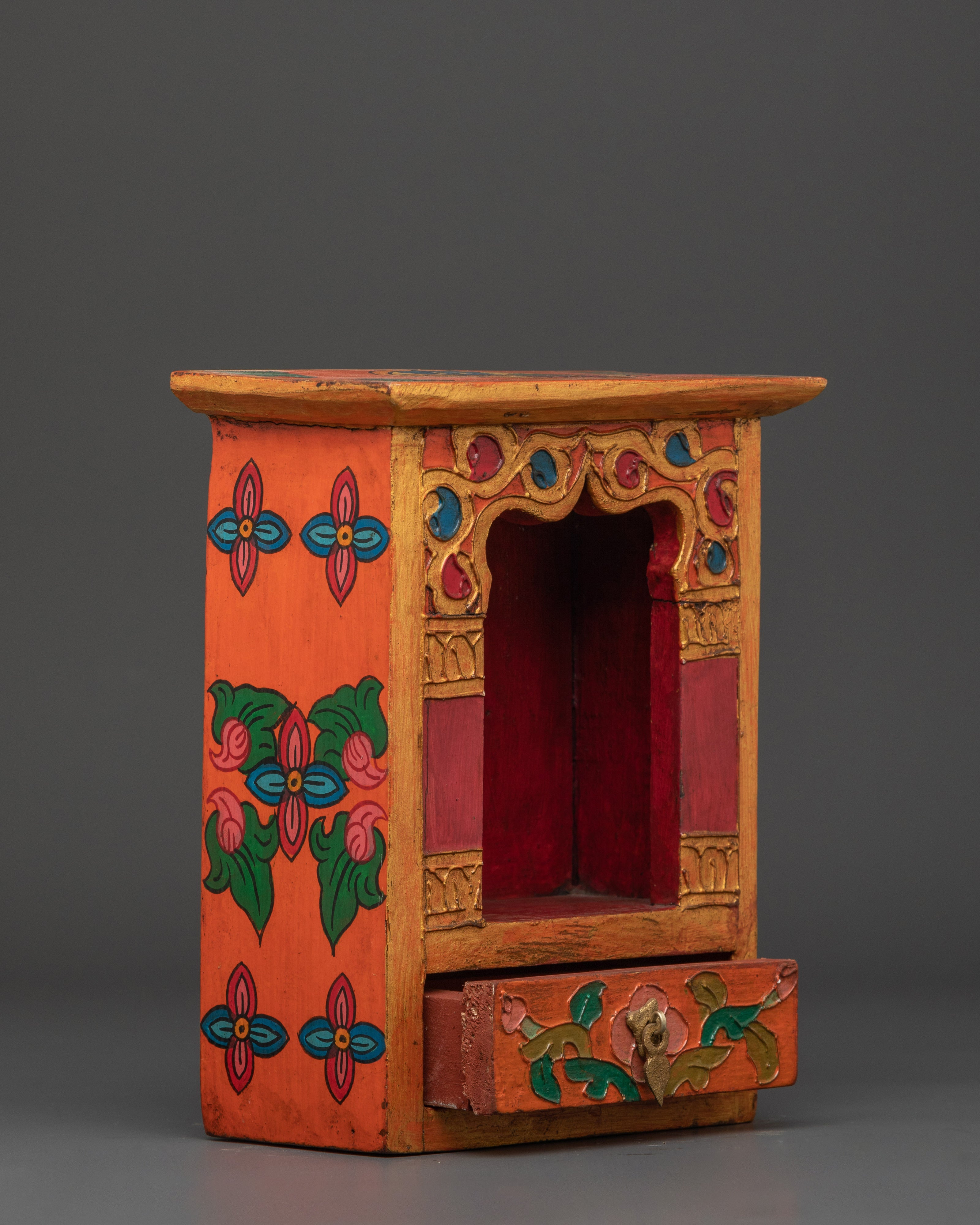 Handcrafted Wooden Altar Box | Intricate Floral Painted Shrine Box