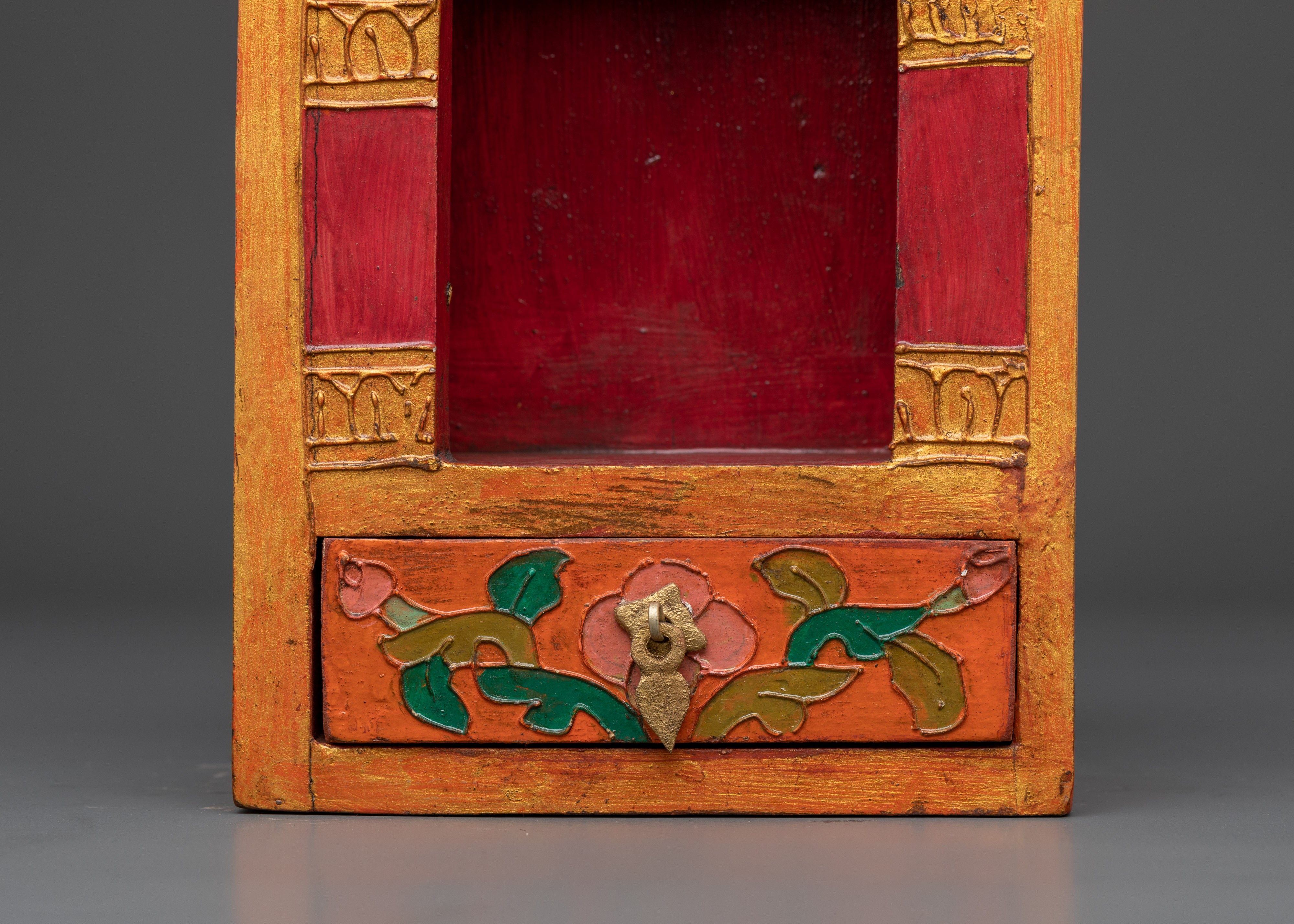 Handcrafted Wooden Altar Box | Intricate Floral Painted Shrine Box