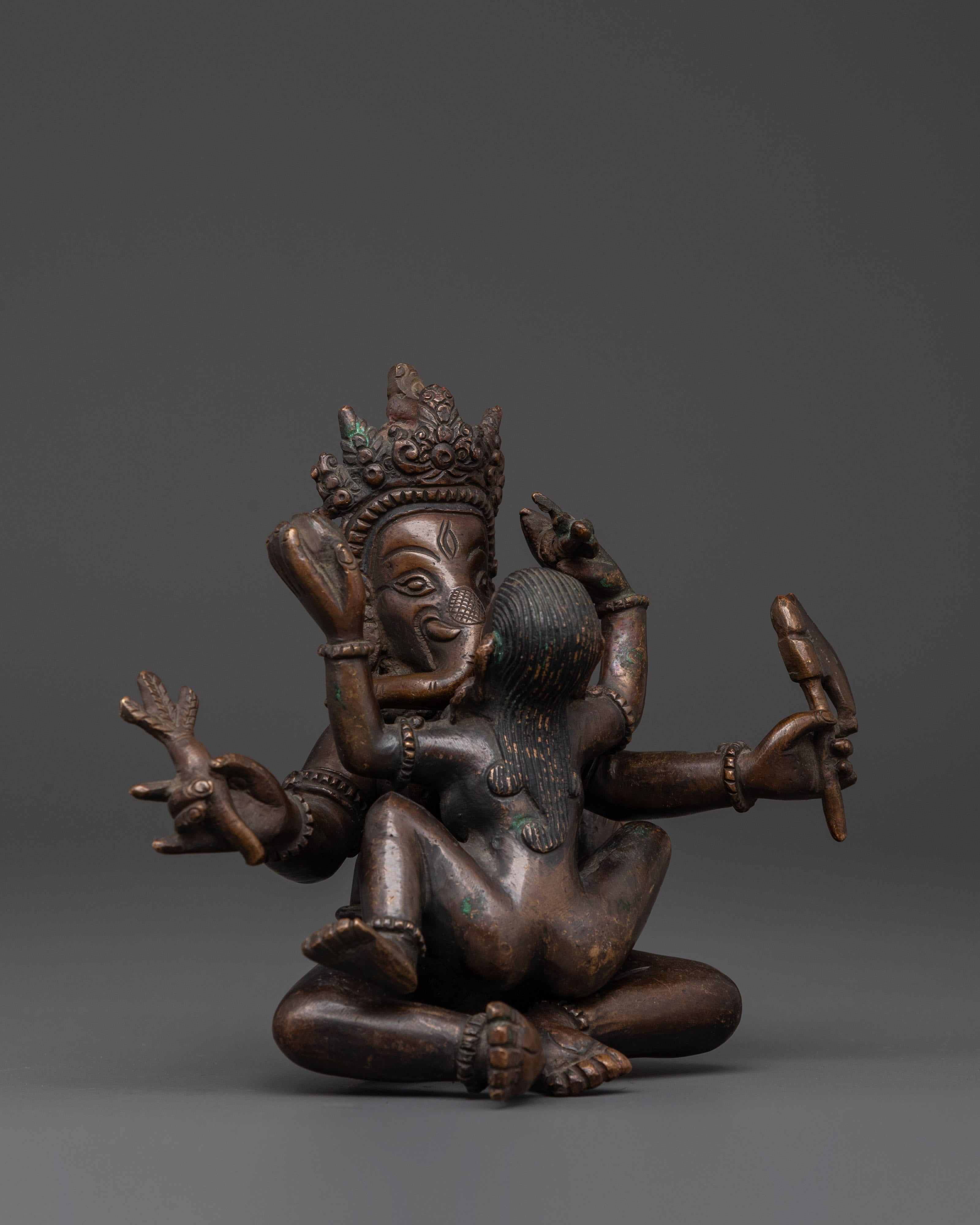 Oxidized Copper Ganesh with Consort | Sacred Hindu Deity Statue