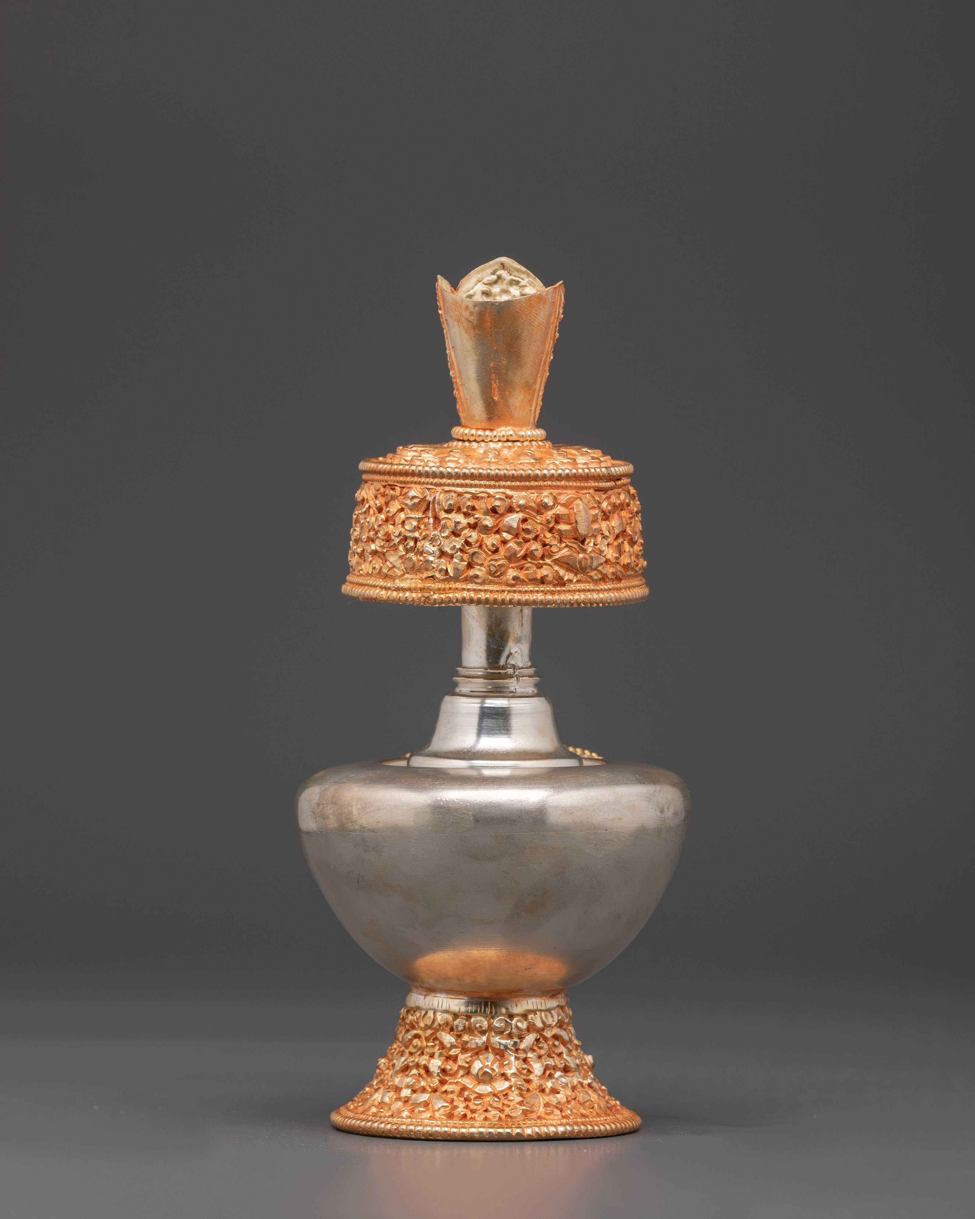 Tibetan Bhumba Vessel | Gold & Silver Plated Buddhist Offering Vessel for Meditation
