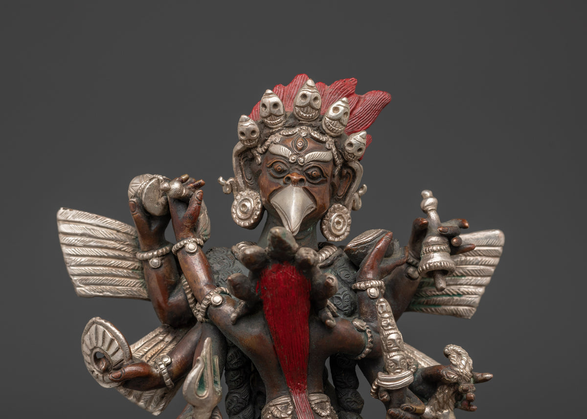 Garuda With Consort Figurine | Handcrafted Oxidized Copper & Silver Plated Statue