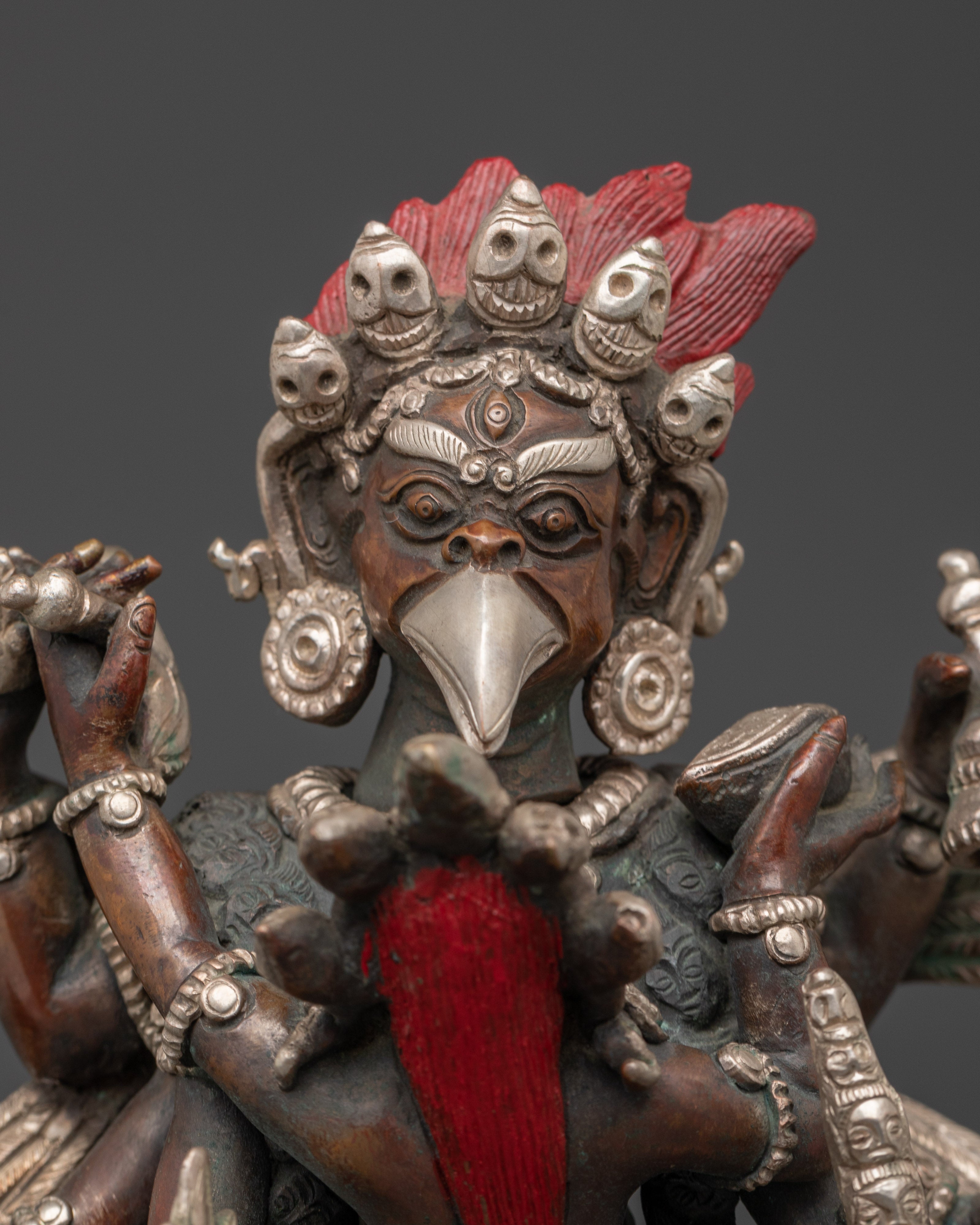 Garuda With Consort Figurine | Handcrafted Oxidized Copper & Silver Plated Statue