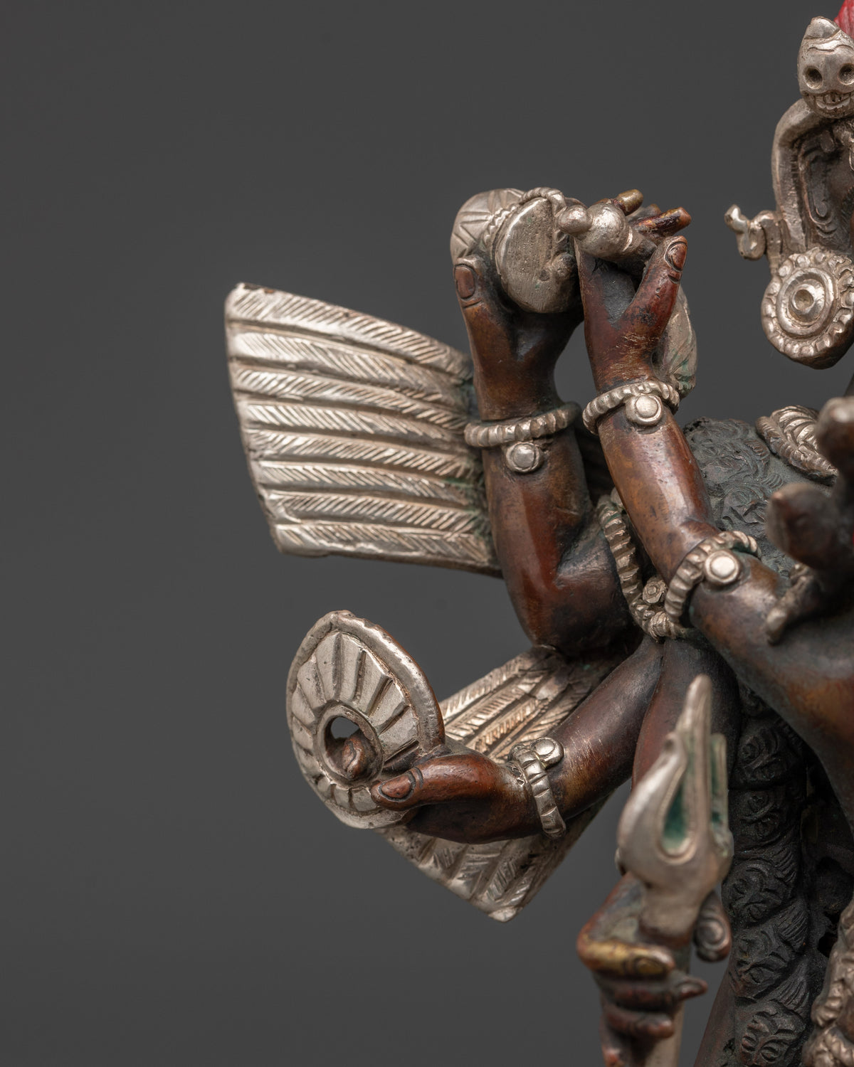 Garuda With Consort Figurine | Handcrafted Oxidized Copper & Silver Plated Statue