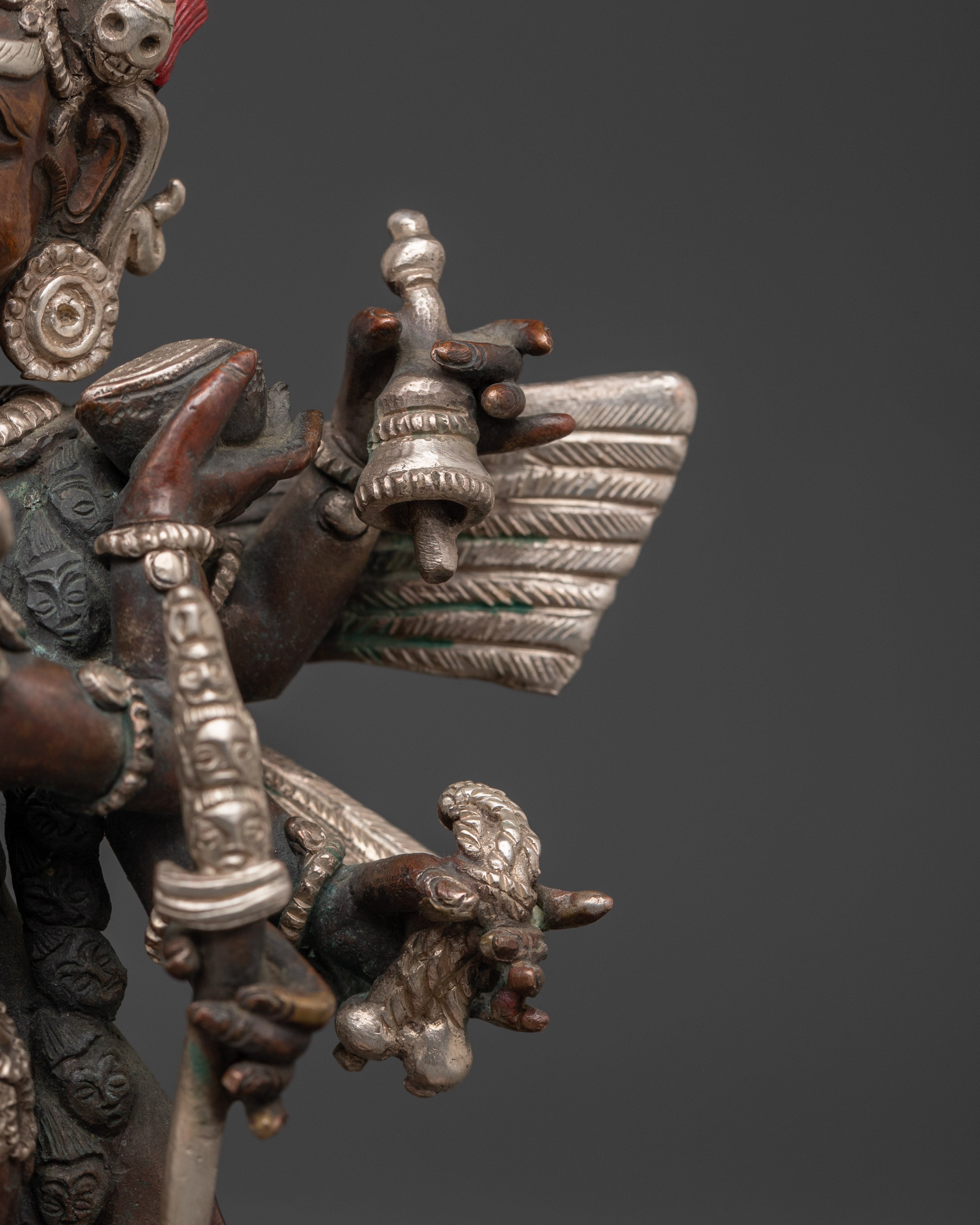Garuda With Consort Figurine | Handcrafted Oxidized Copper & Silver Plated Statue