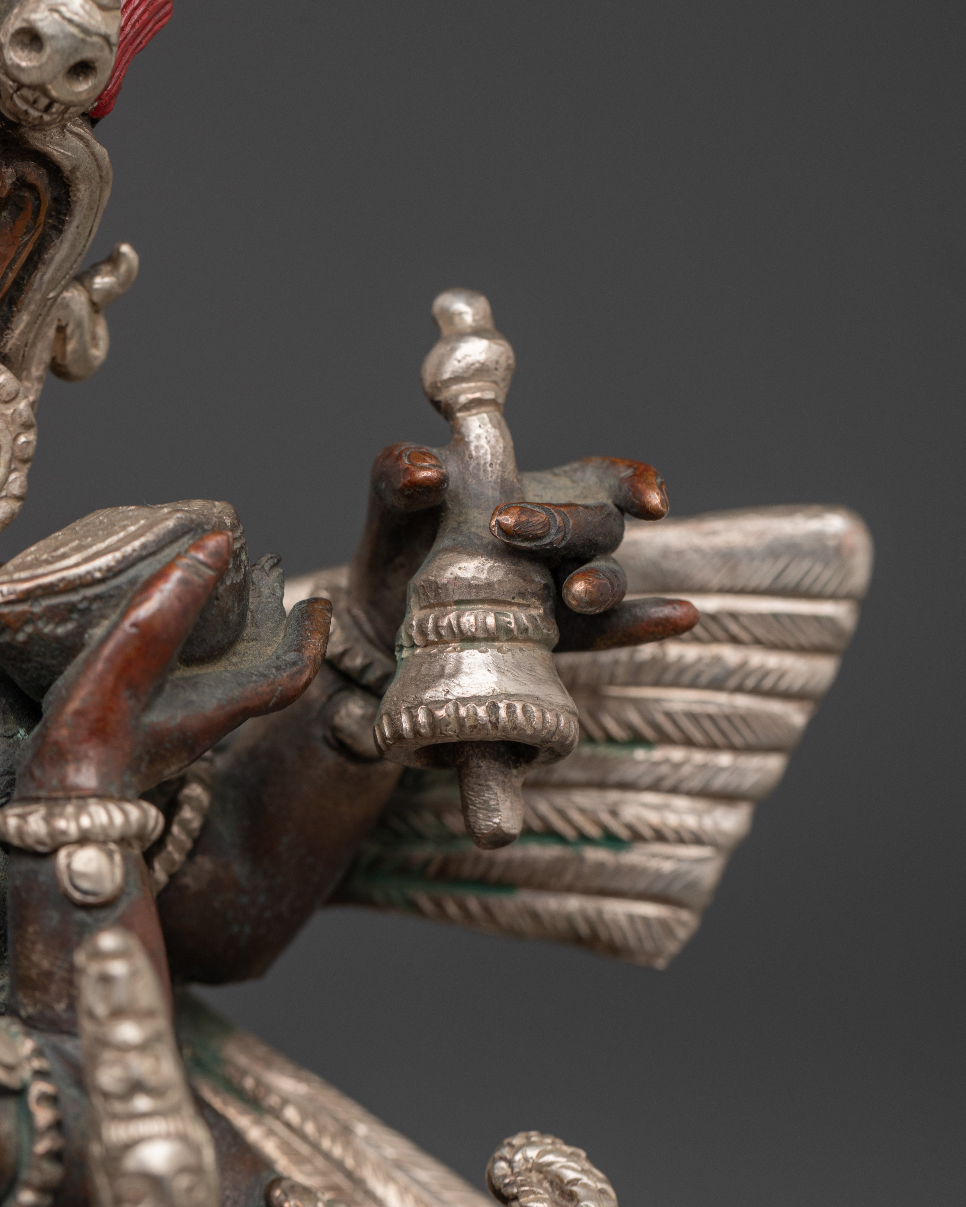 Garuda With Consort Figurine | Handcrafted Oxidized Copper & Silver Plated Statue