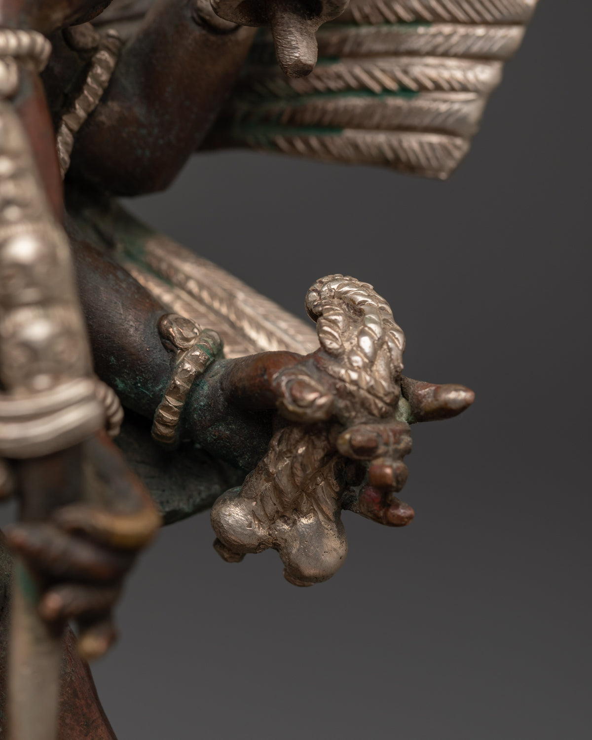 Garuda With Consort Figurine | Handcrafted Oxidized Copper & Silver Plated Statue