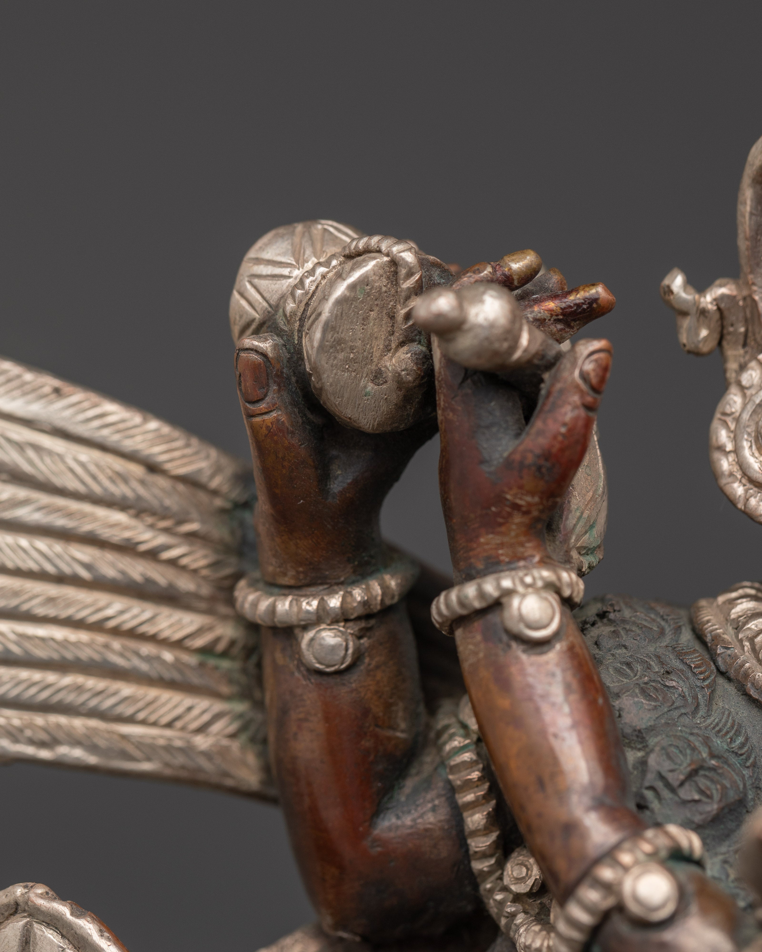 Garuda With Consort Figurine | Handcrafted Oxidized Copper & Silver Plated Statue